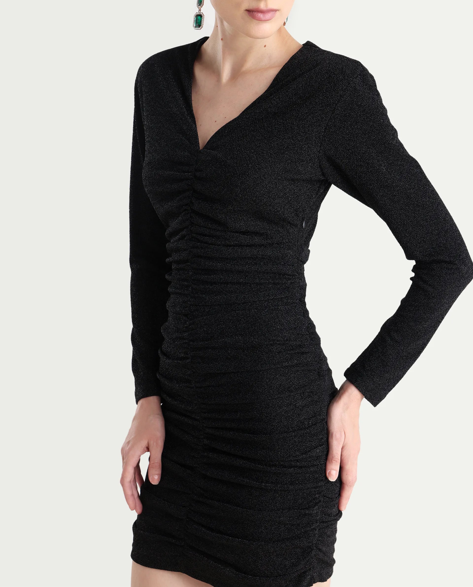 Rareism Women's Amasya Black Polyester V-Neck Plain Knee Length Fitted Dress