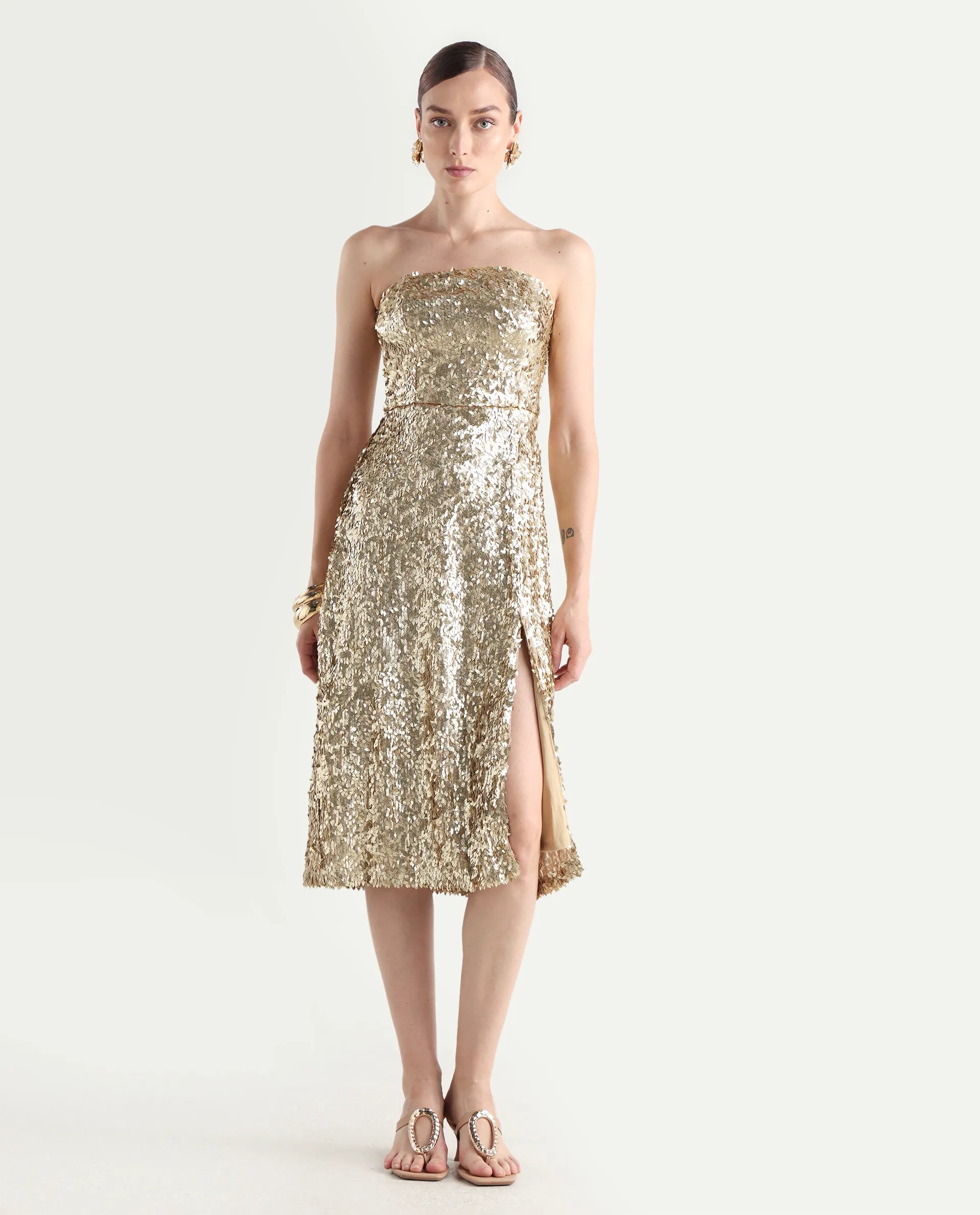 Rareism Women's Ganvi Metallic Polyester Tube Neck Sequined Sleeveless Midi Fitted Dress