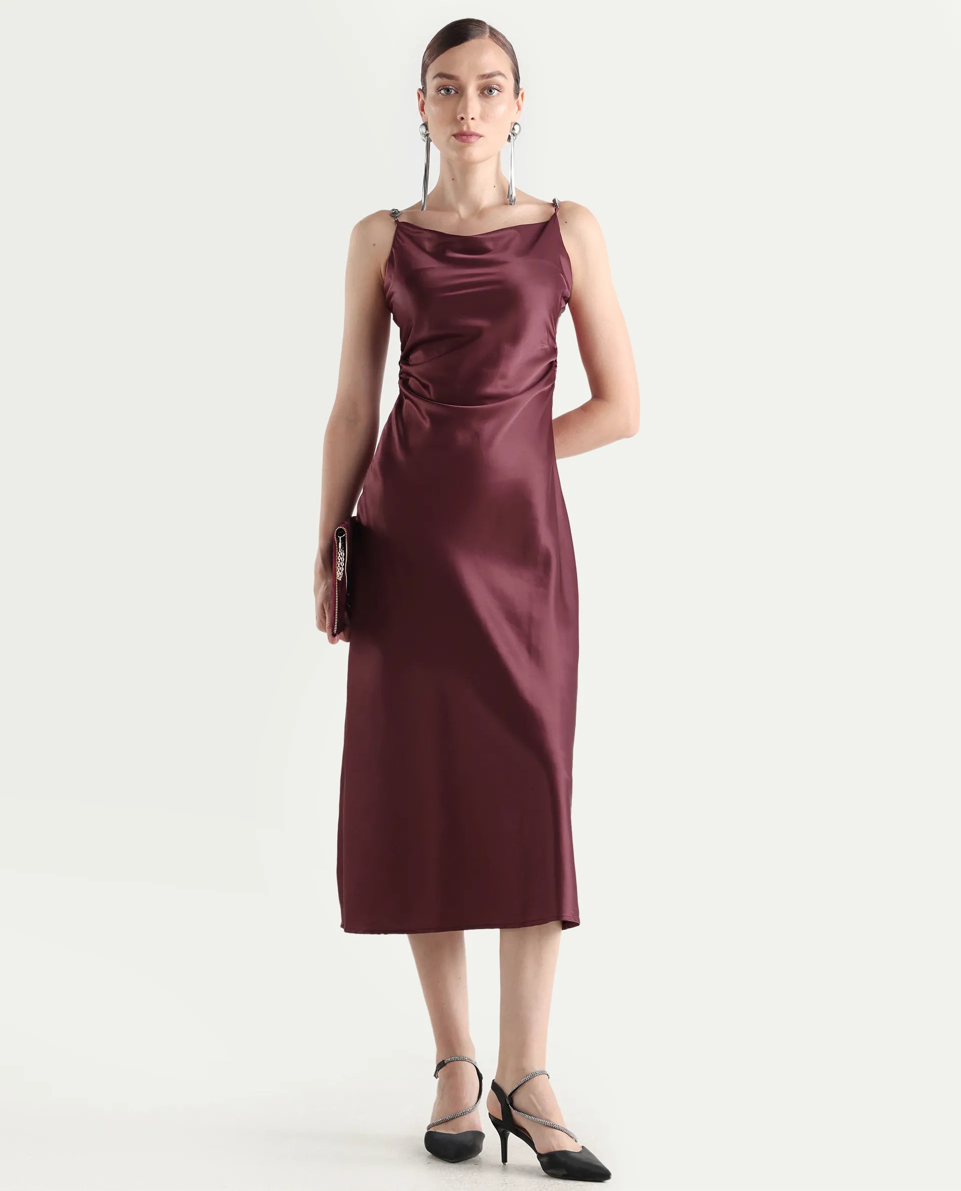 Rareism Women's Roala Maroon Satin Shoulder Strap Plain Sleeveless Maxi Fitted Dress