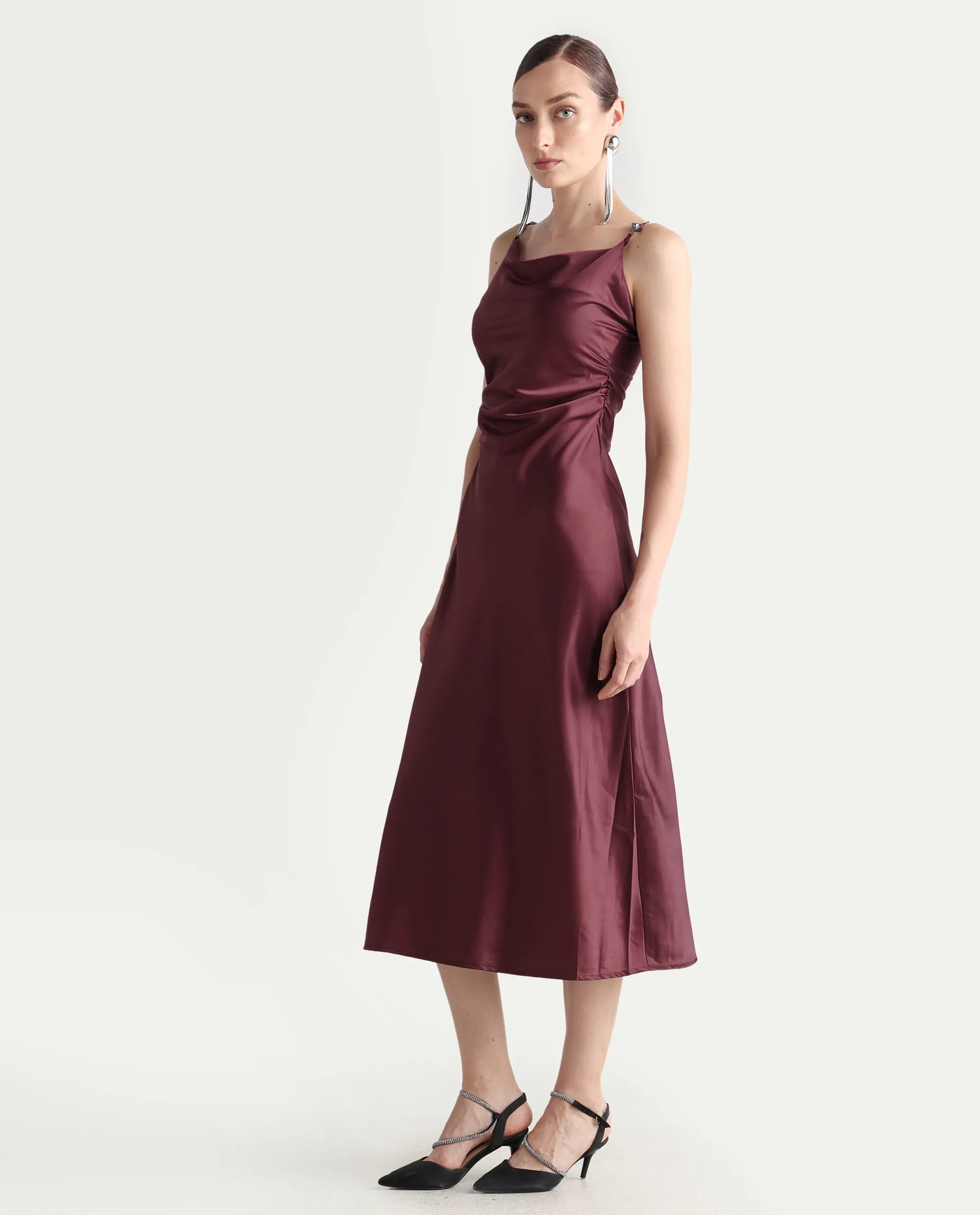 Rareism Women's Roala Maroon Satin Shoulder Strap Plain Sleeveless Maxi Fitted Dress
