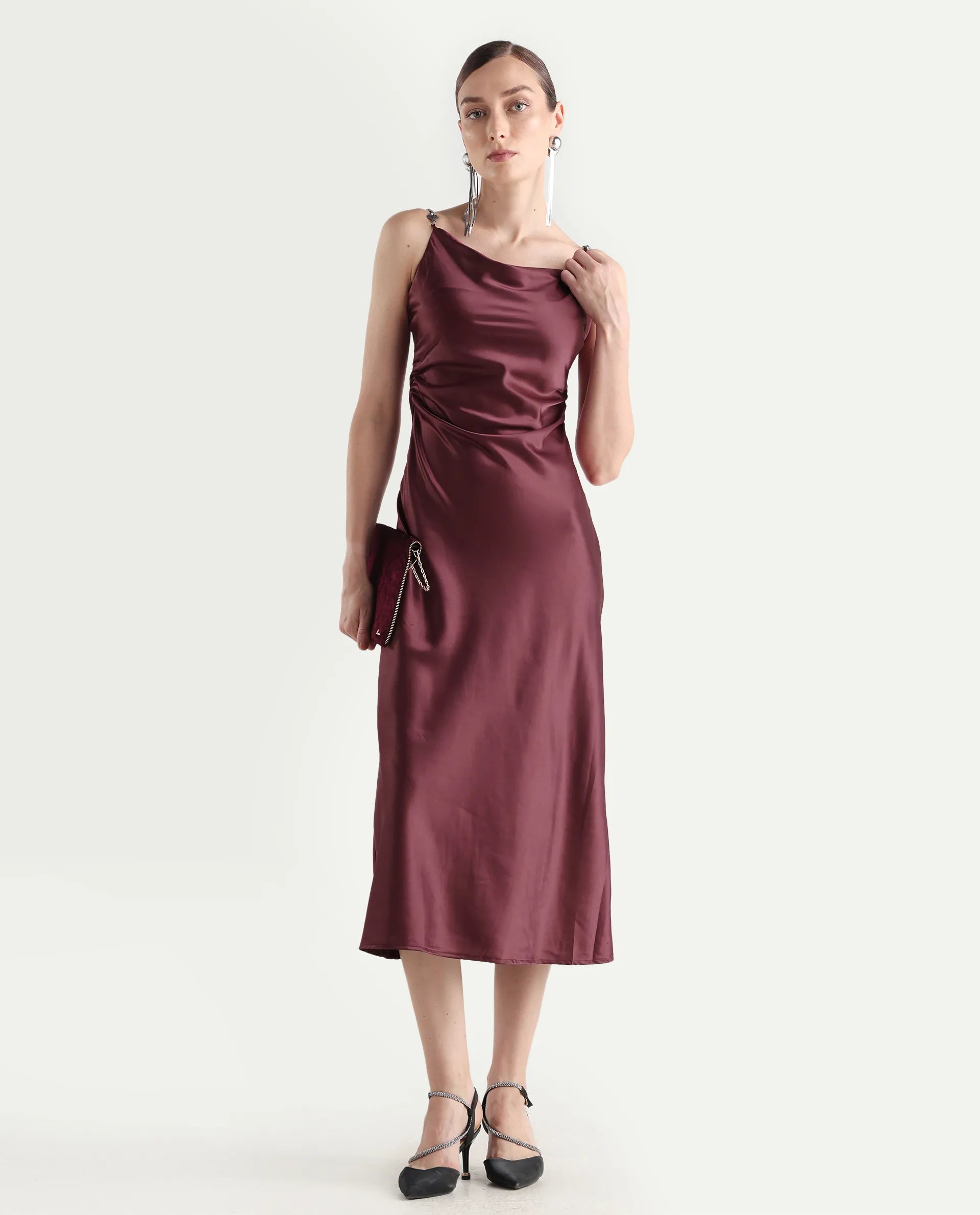 Rareism Women's Roala Maroon Satin Shoulder Strap Plain Sleeveless Maxi Fitted Dress