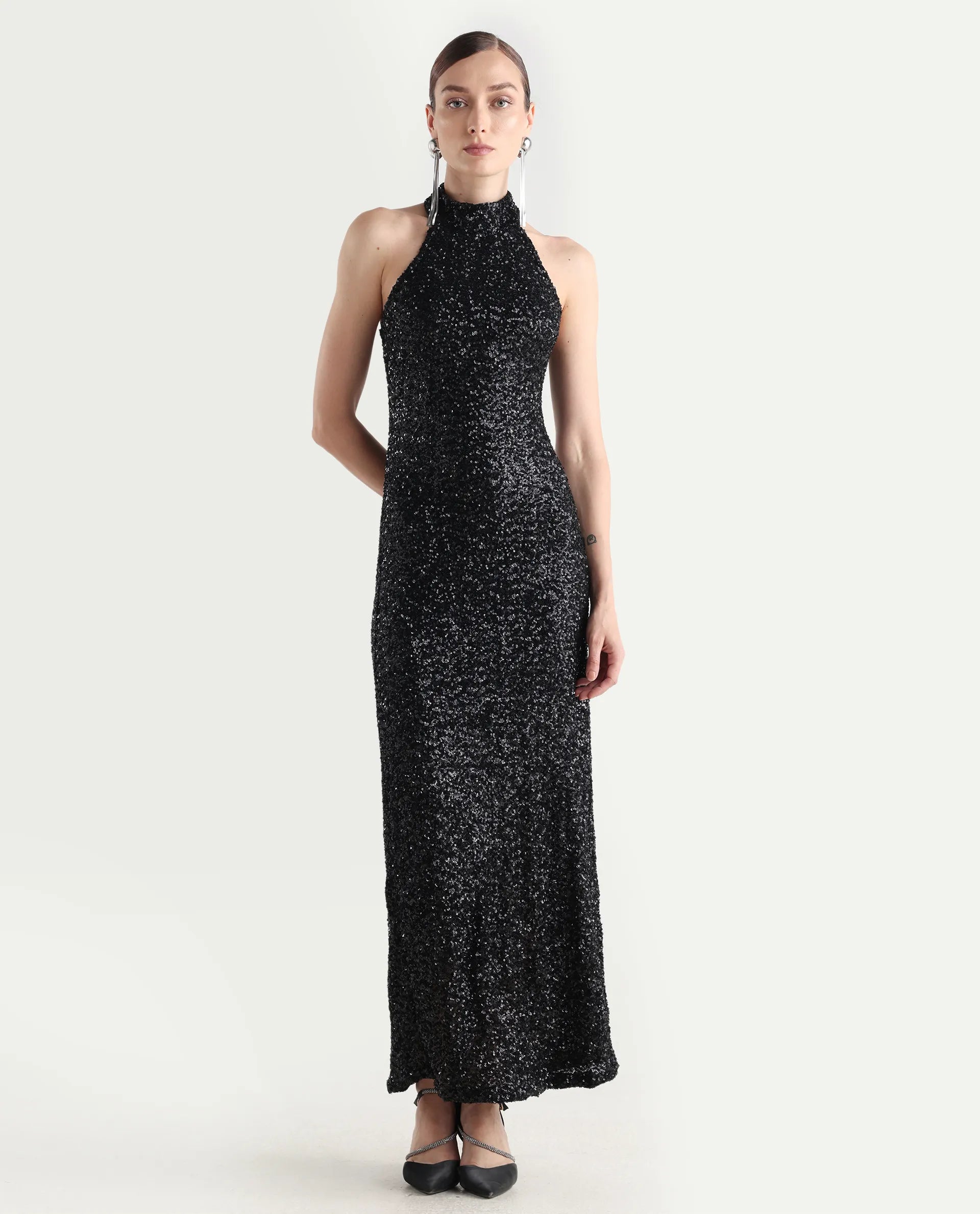 Rareism Women's Ardhan Metallic Black Sequined Halter Neck Plain Sleeveless Maxi Fitted Dress