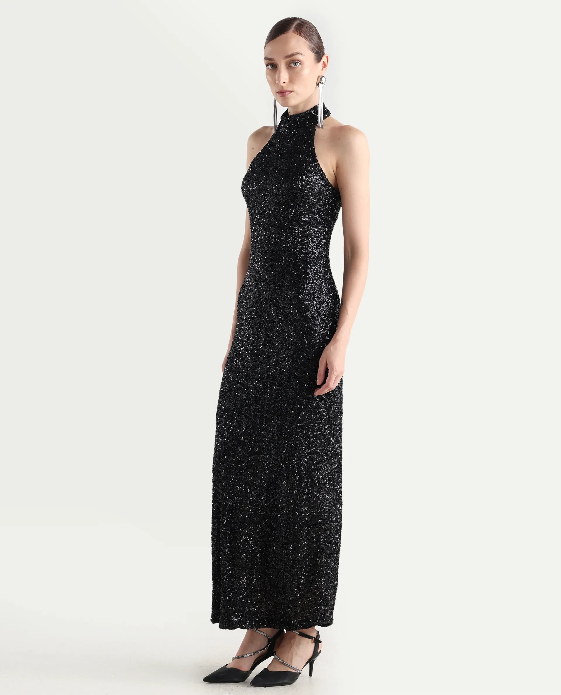 Rareism Women's Ardhan Metallic Black Sequined Halter Neck Plain Sleeveless Maxi Fitted Dress