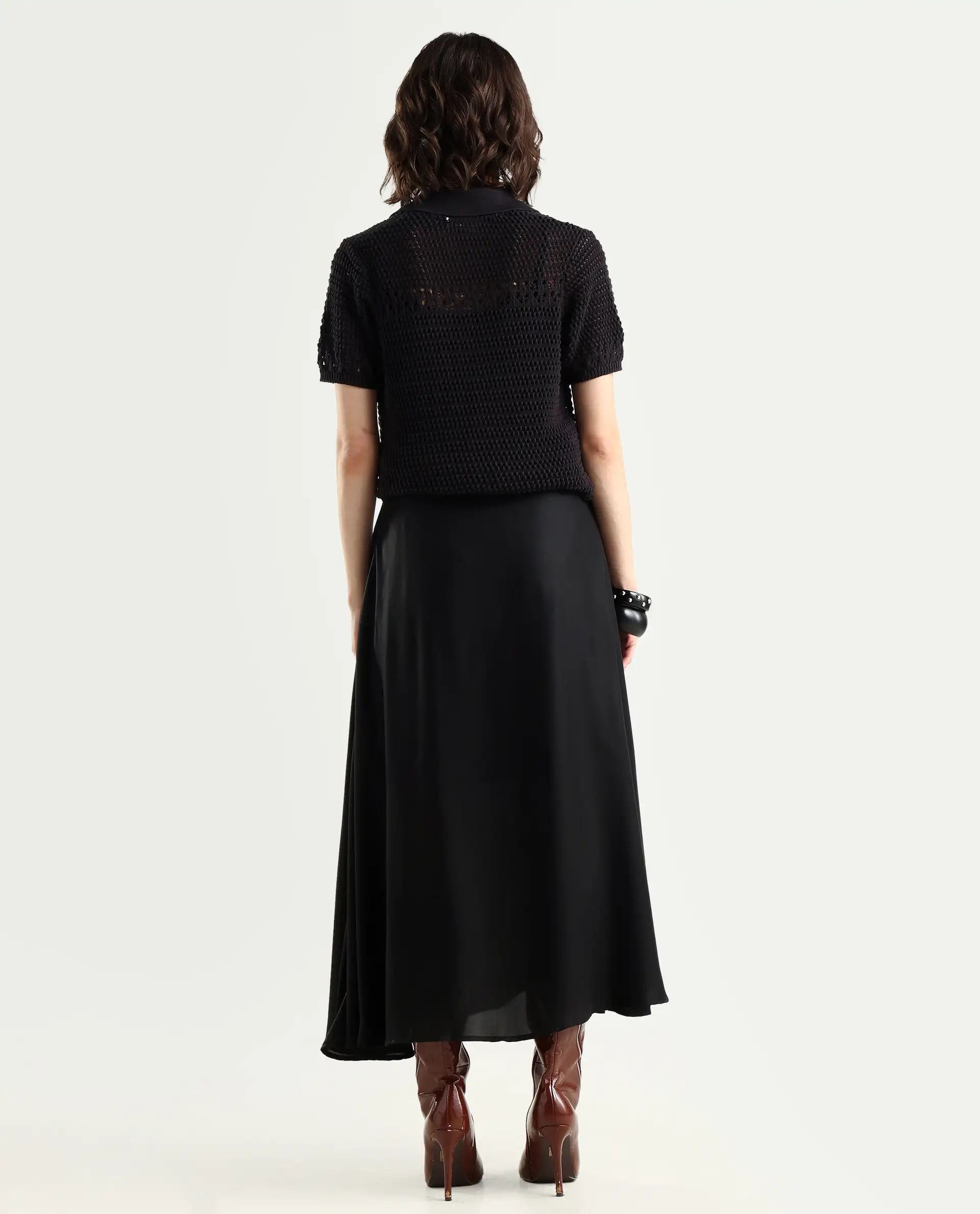 Rareism Women's Wagna Black Polyester Plain Maxi Flared Skirt