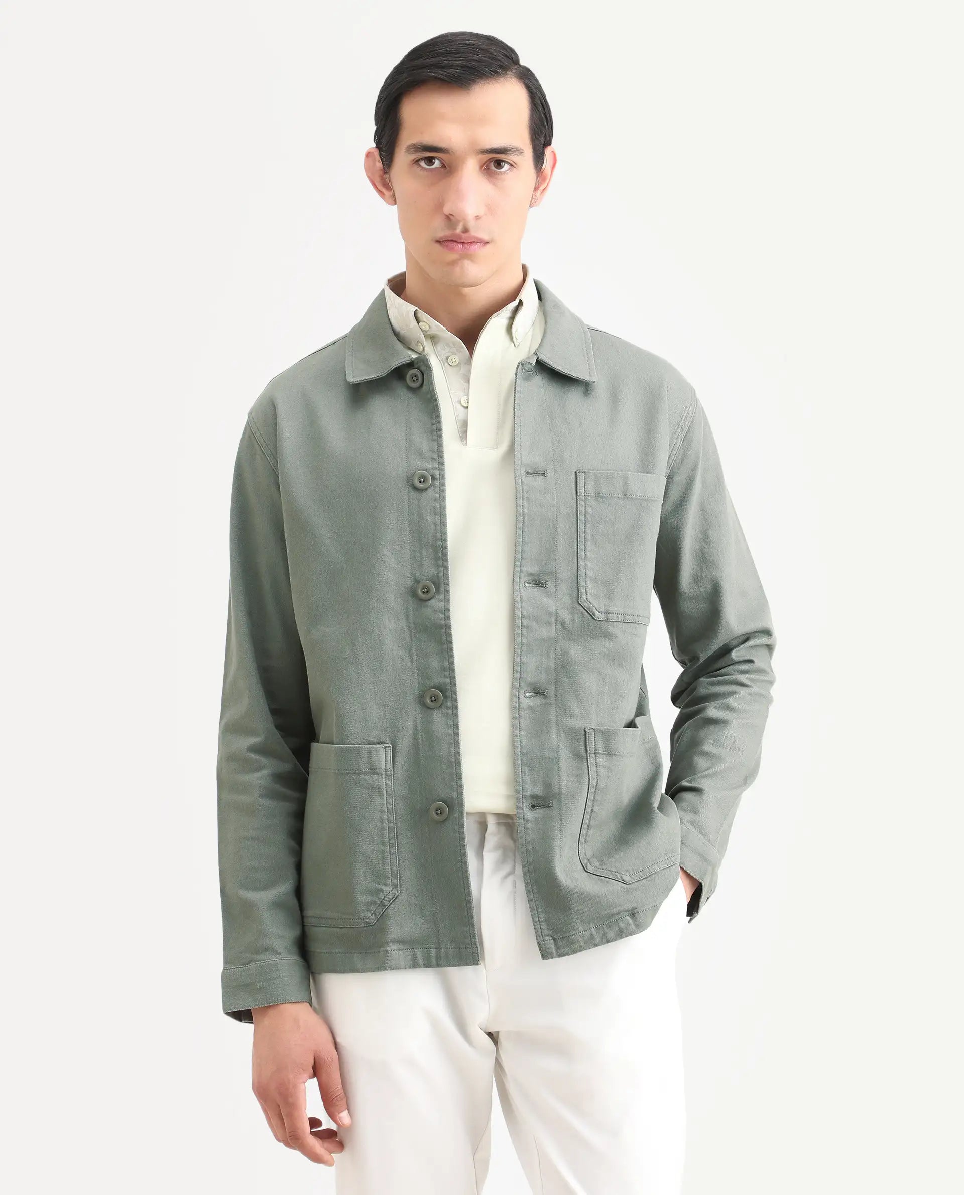 Rare Rabbit Men's Slowear Dusky Green Cotton Blend Plain Regular Fit Full Sleeve Collared Shacket
