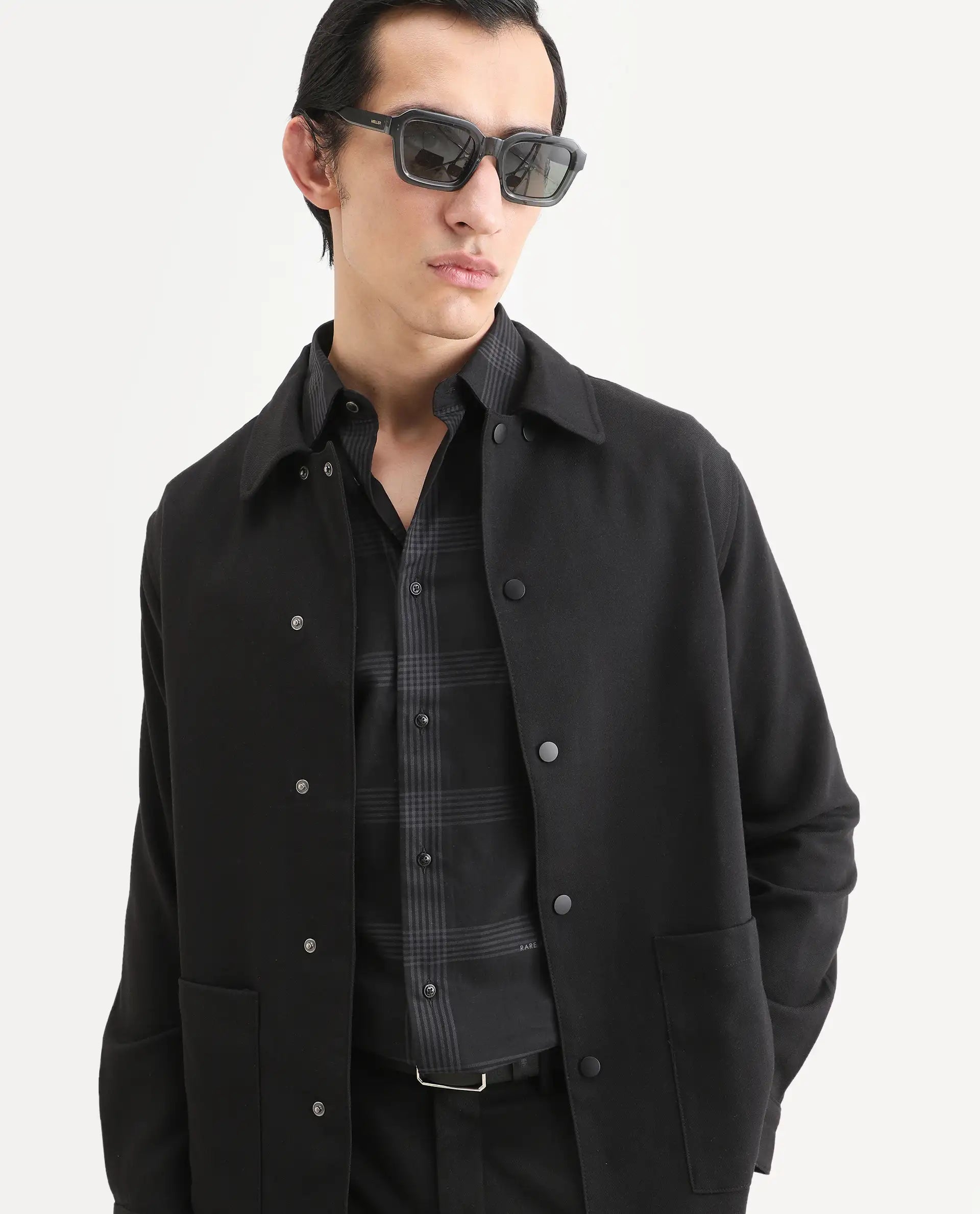 Rare Rabbit Men's Brant Black Rayon Plain Relaxed Fit Full Sleeve Collared Shacket