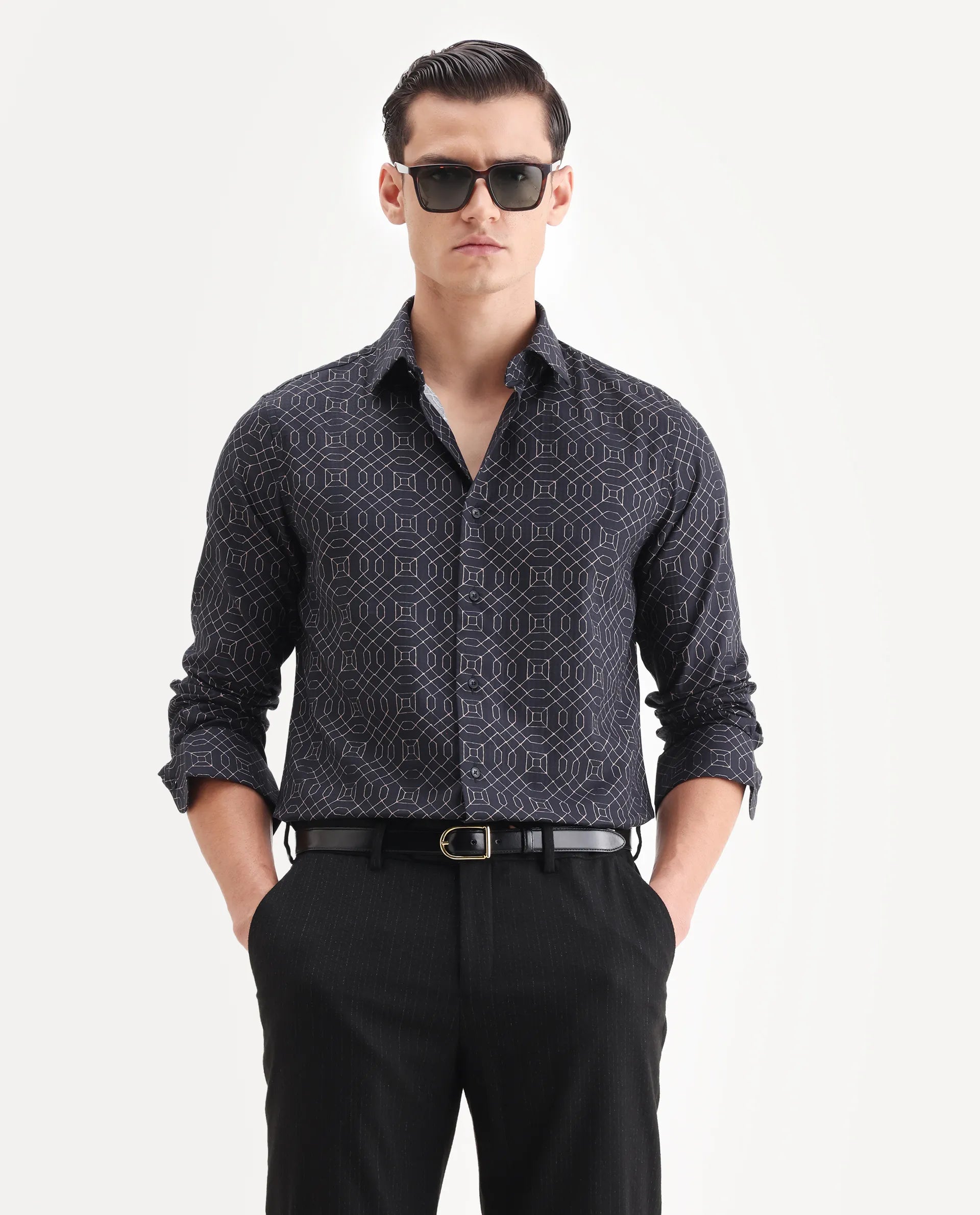 Rare Rabbit Men's Cotton Blend Geometric Print Regular Fit Full Sleeve Collared Shirt