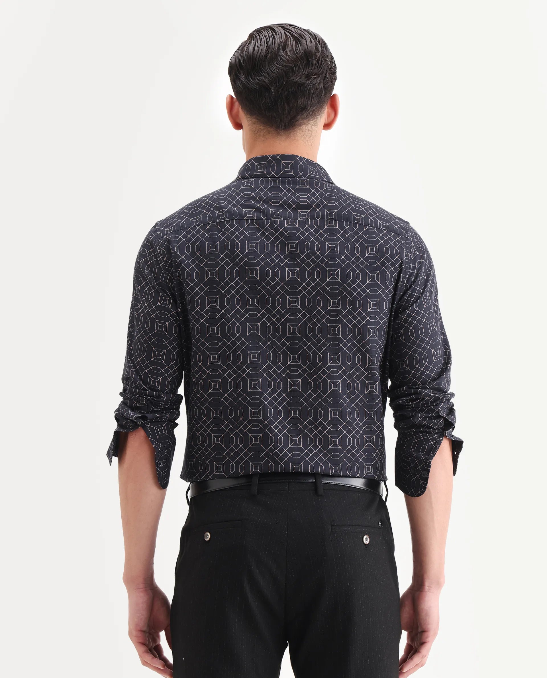 Rare Rabbit Men's Cotton Blend Geometric Print Regular Fit Full Sleeve Collared Shirt