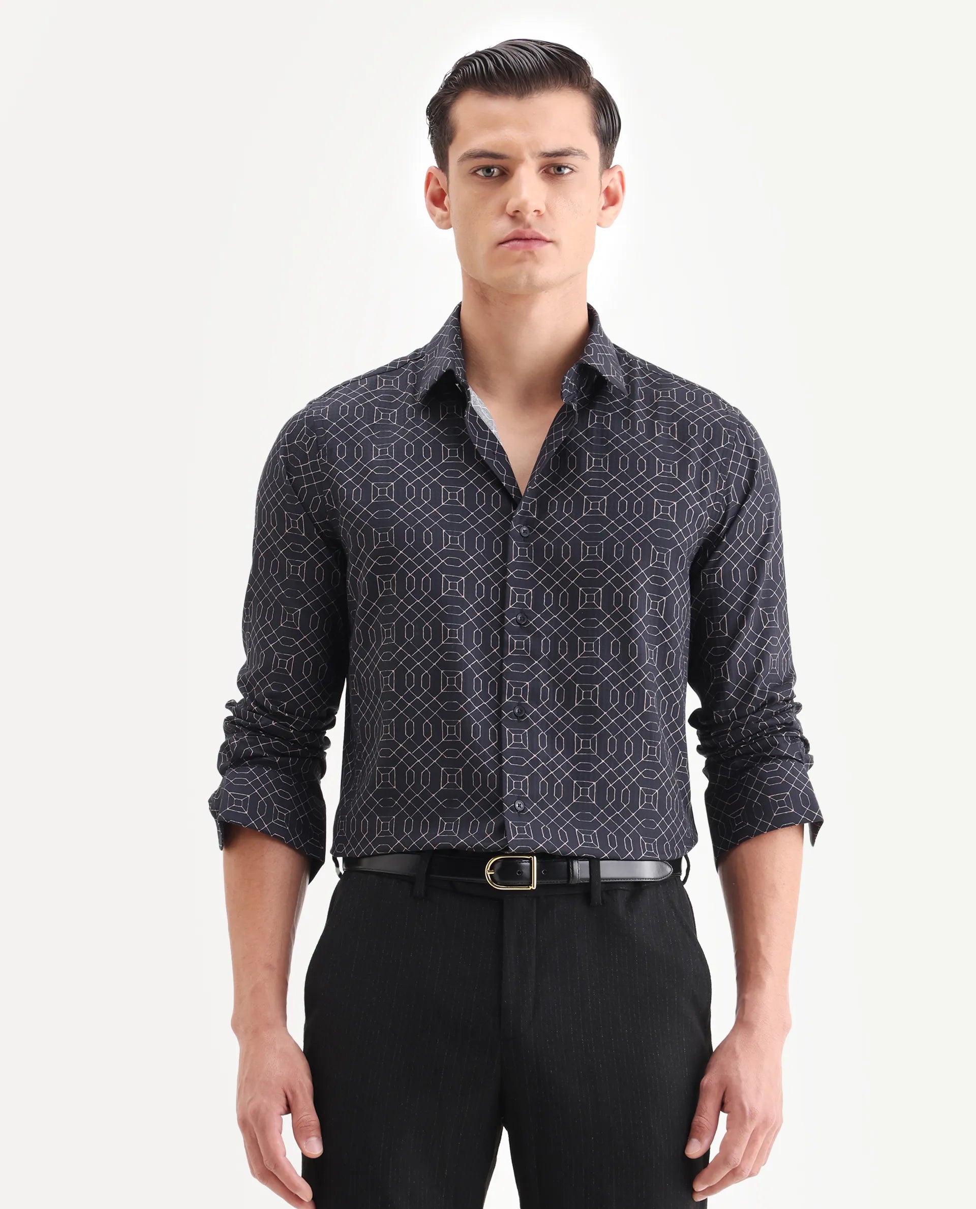 Rare Rabbit Men's Cotton Blend Geometric Print Regular Fit Full Sleeve Collared Shirt