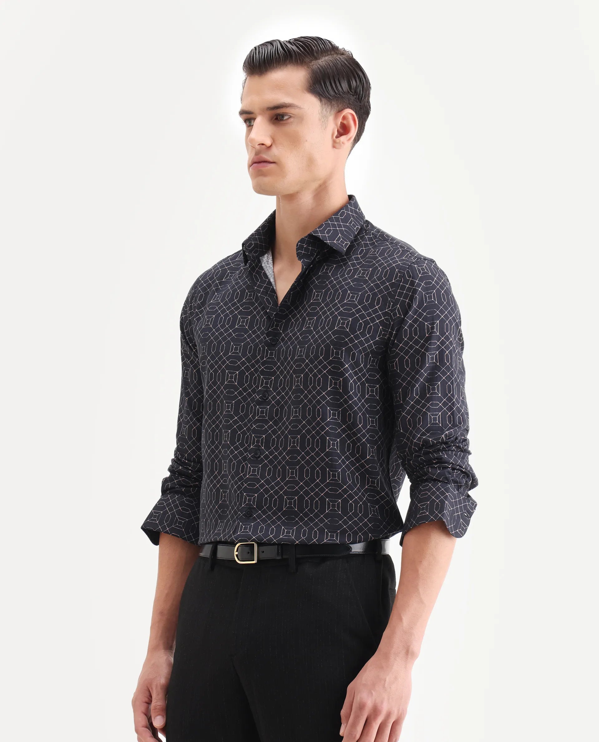 Rare Rabbit Men's Cotton Blend Geometric Print Regular Fit Full Sleeve Collared Shirt