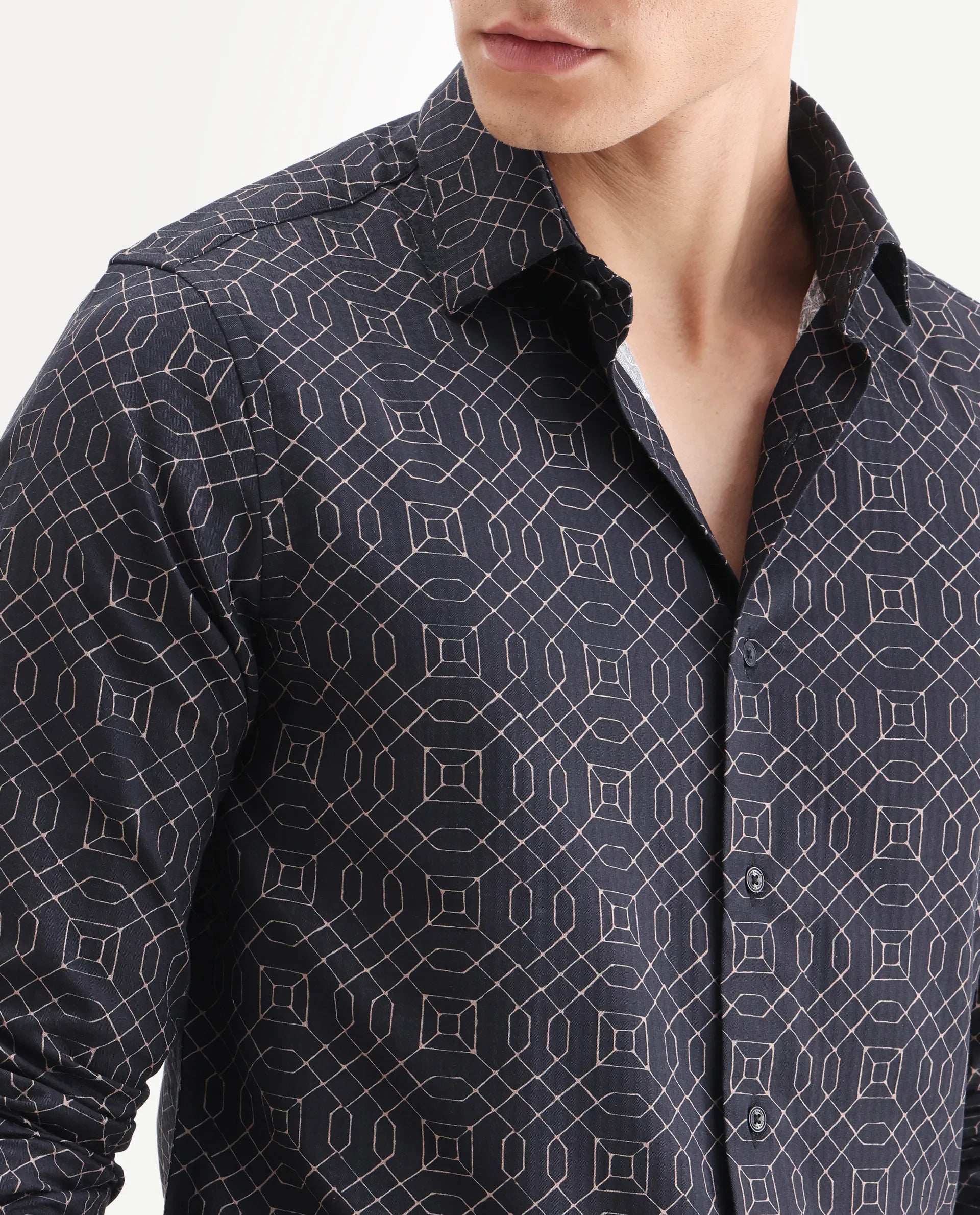 Rare Rabbit Men's Cotton Blend Geometric Print Regular Fit Full Sleeve Collared Shirt