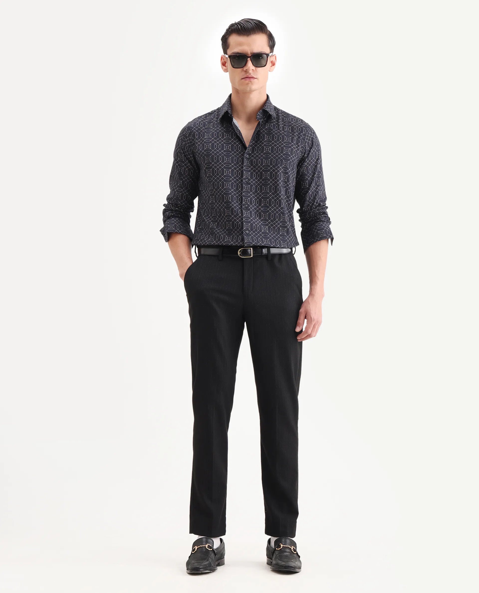 Rare Rabbit Men's Cotton Blend Geometric Print Regular Fit Full Sleeve Collared Shirt