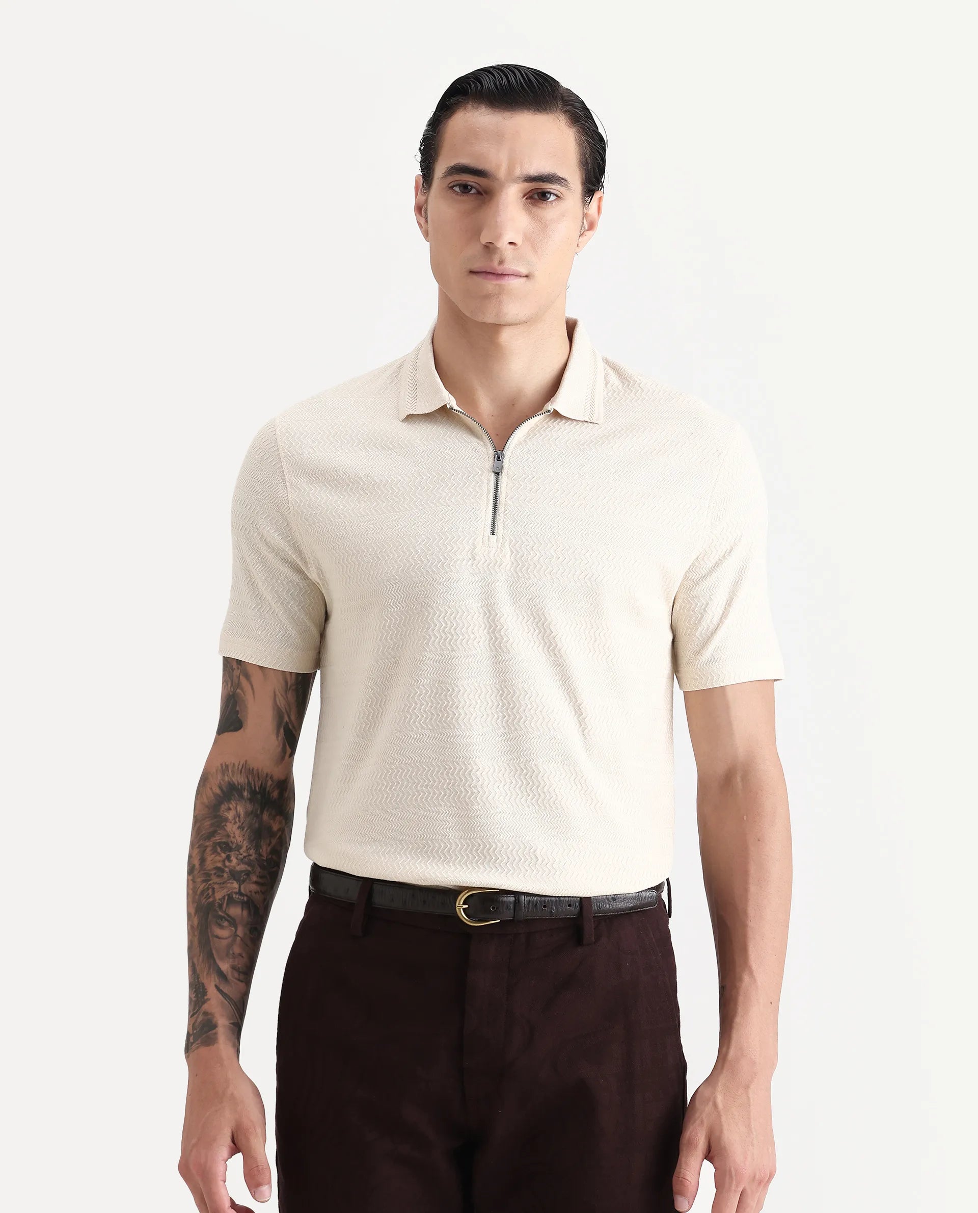 Rare Rabbit Men's Clion-1 Beige Cotton Blend Jacquard Regular Fit Half Sleeve Polo