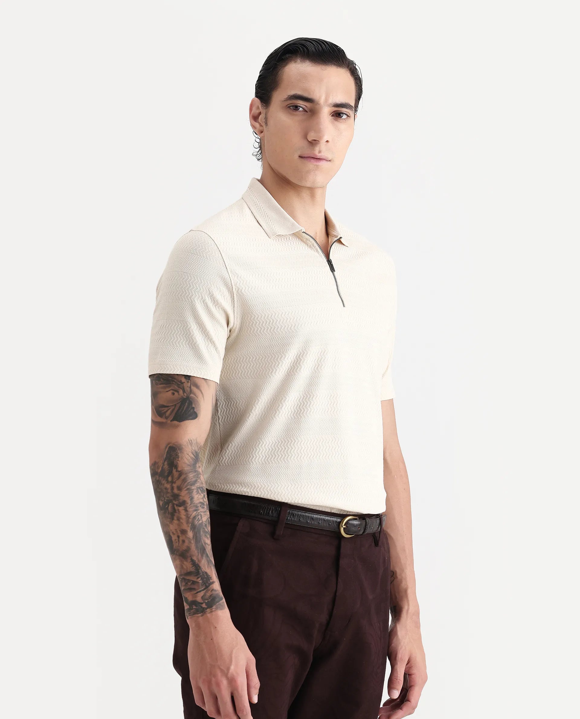 Rare Rabbit Men's Clion-1 Beige Cotton Blend Jacquard Regular Fit Half Sleeve Polo