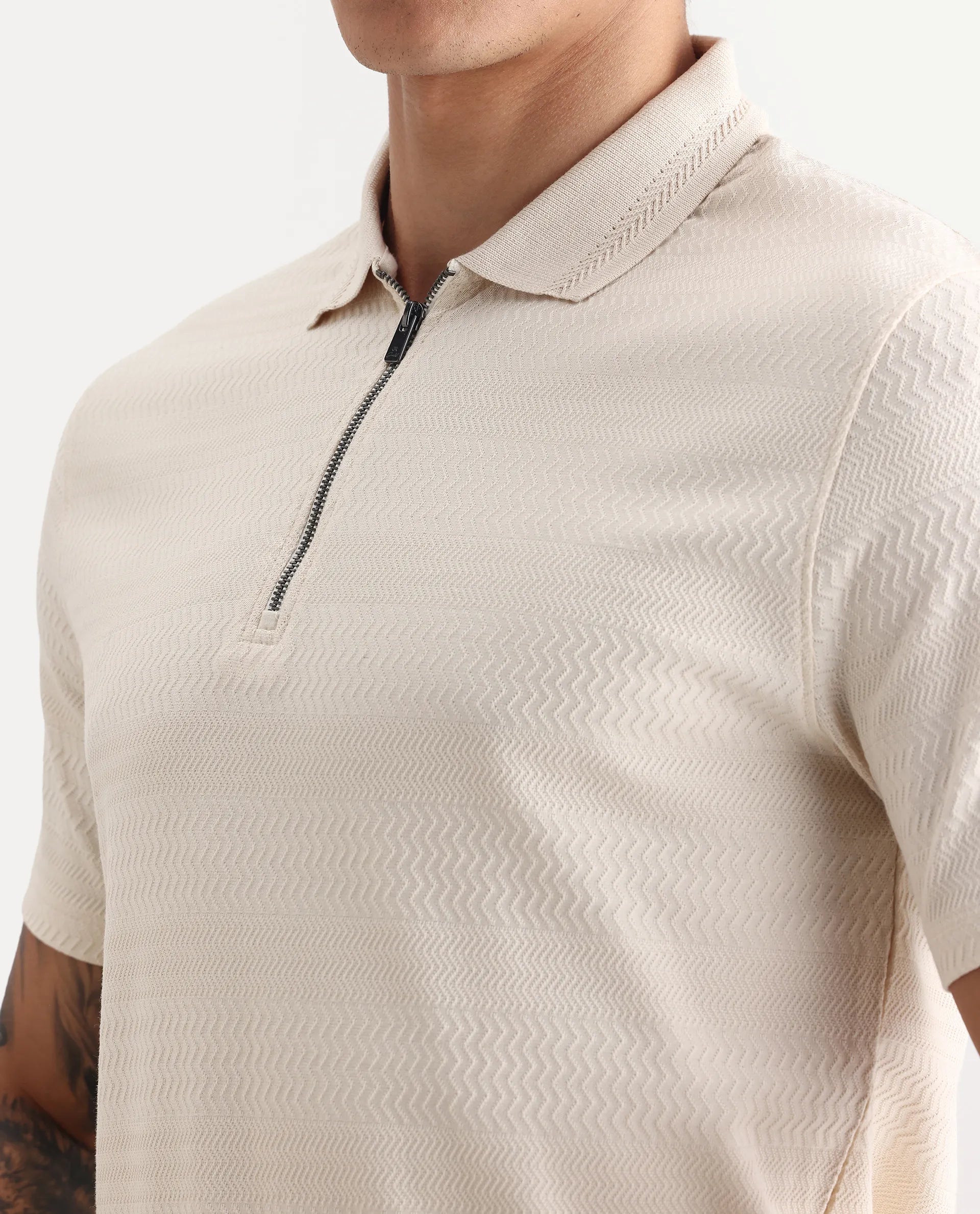 Rare Rabbit Men's Clion-1 Beige Cotton Blend Jacquard Regular Fit Half Sleeve Polo