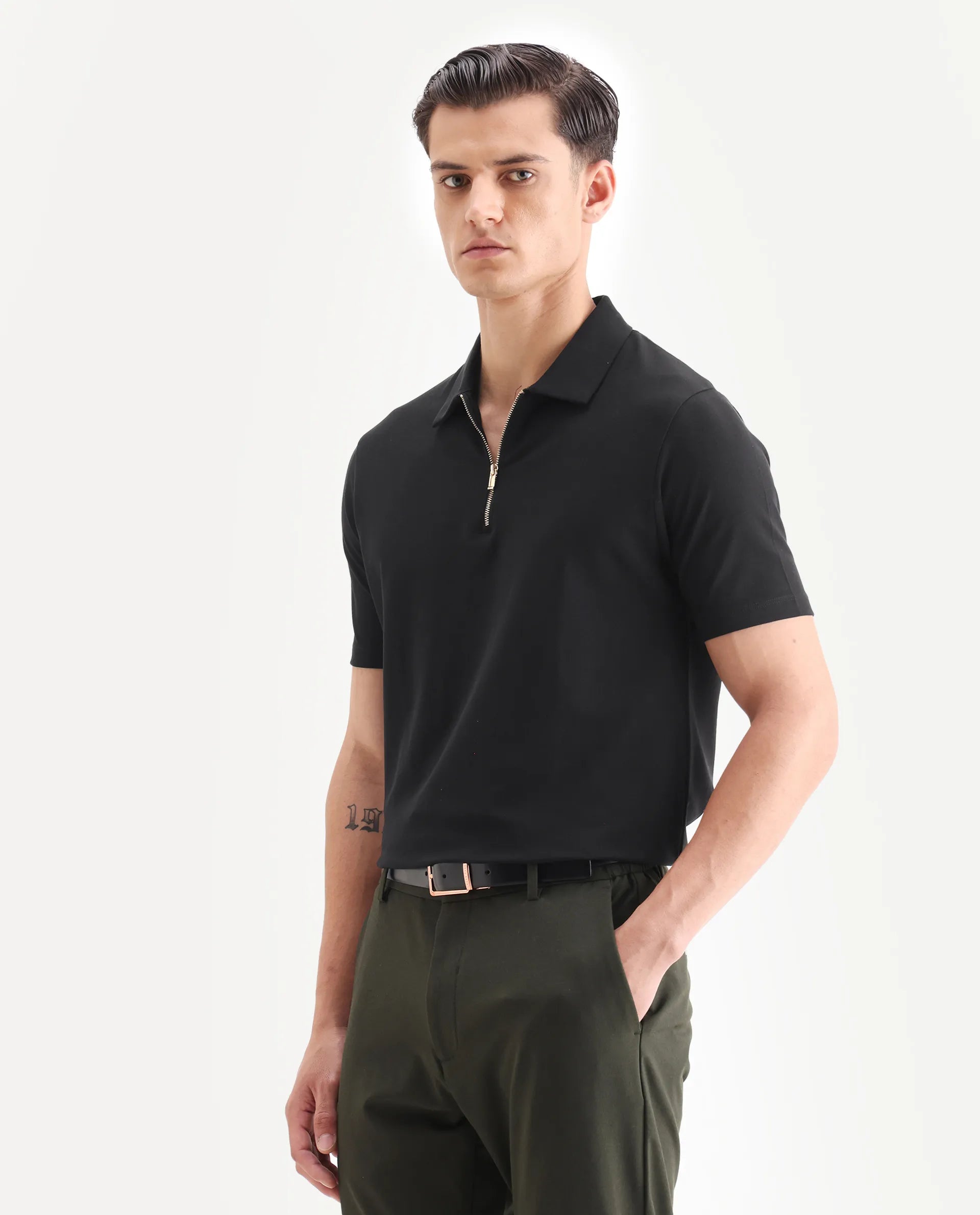 Rare Rabbit Men's Guild Casual Prin 1 Black Cotton Plain Regular Fit Half Sleeve Polo