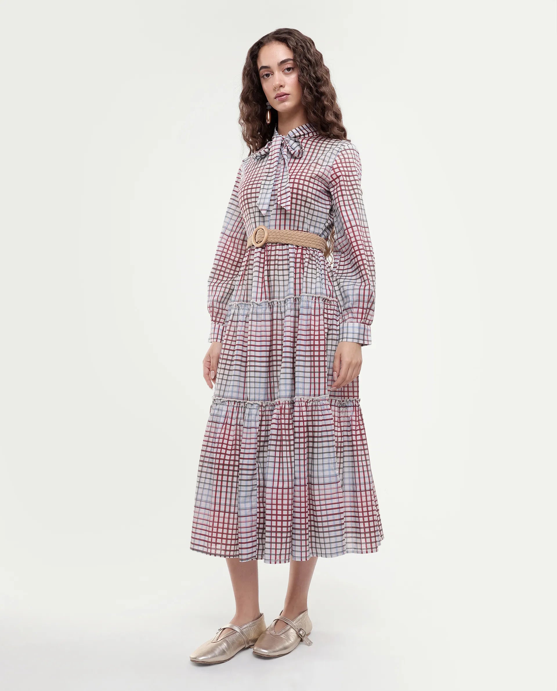 Rareism Women's Adilpi Multi Cotton Tie-Up Neck Flannel Print Bishop Sleeve Midi Fit And Flare Dress