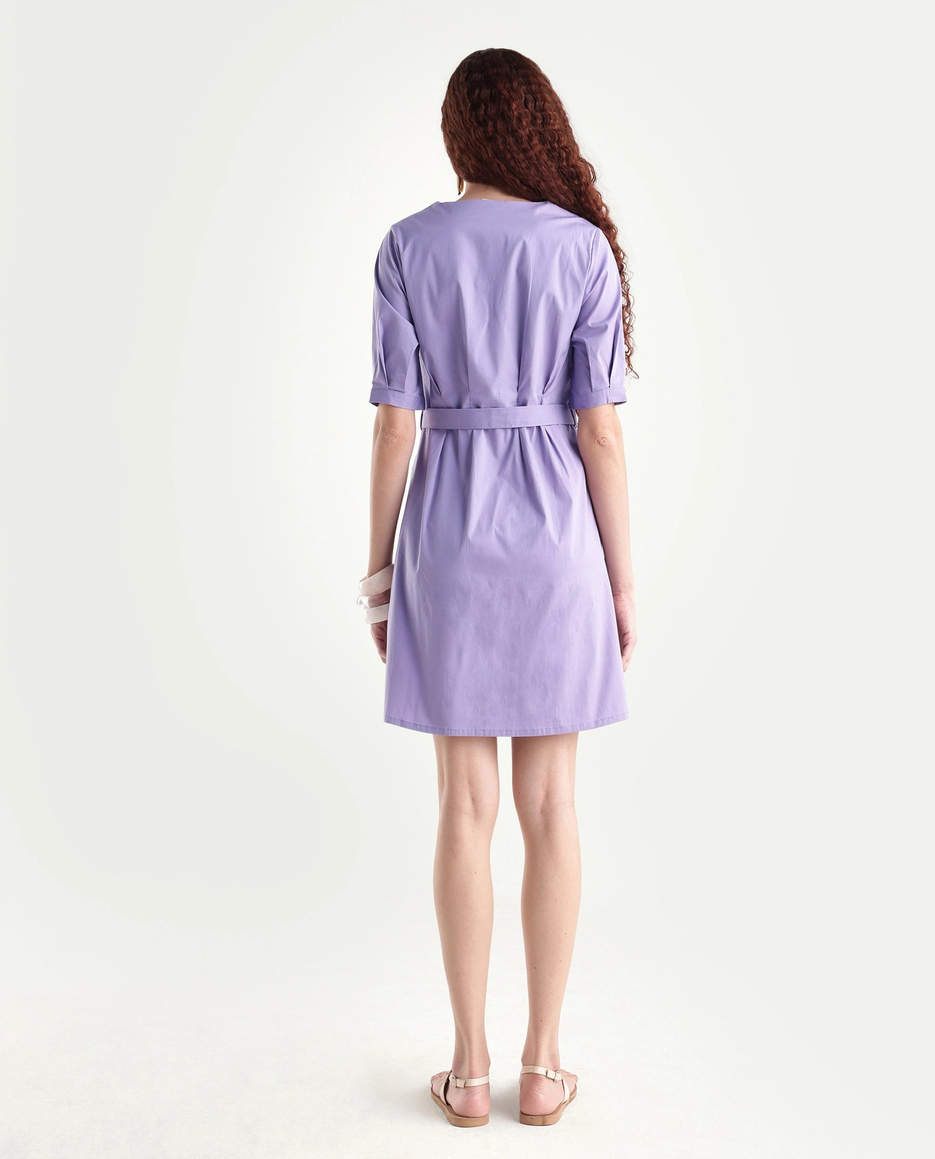 Rareism Women's Beew Dusky Purple Cotton Blend V-Neck Plain Bishop Sleeve Mini Fit And Flare Dress