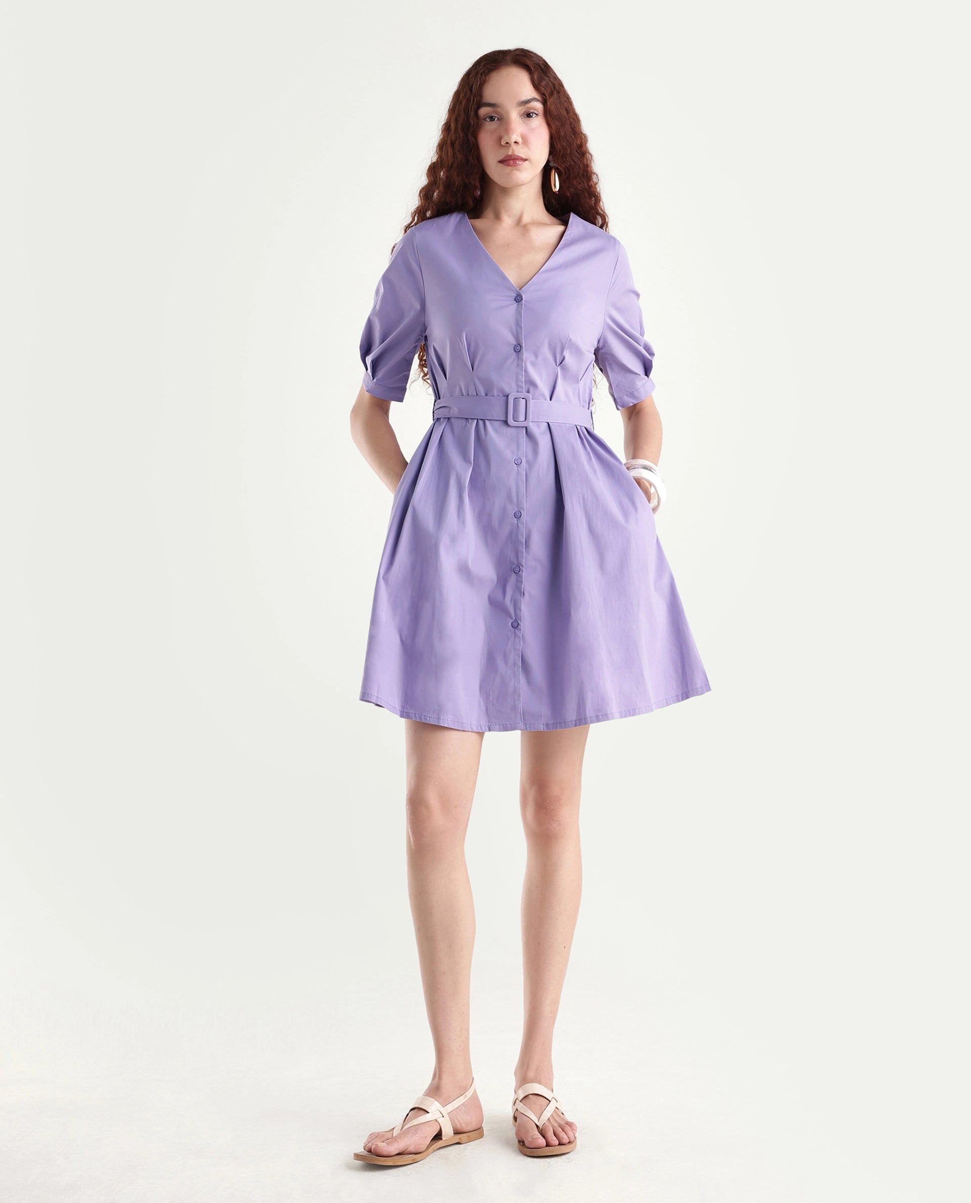 Rareism Women's Beew Dusky Purple Cotton Blend V-Neck Plain Bishop Sleeve Mini Fit And Flare Dress