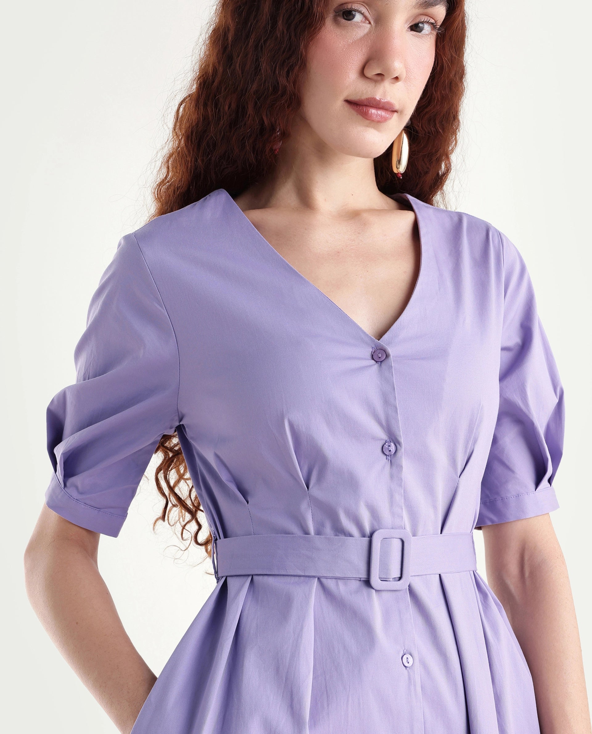 Rareism Women's Beew Dusky Purple Cotton Blend V-Neck Plain Bishop Sleeve Mini Fit And Flare Dress