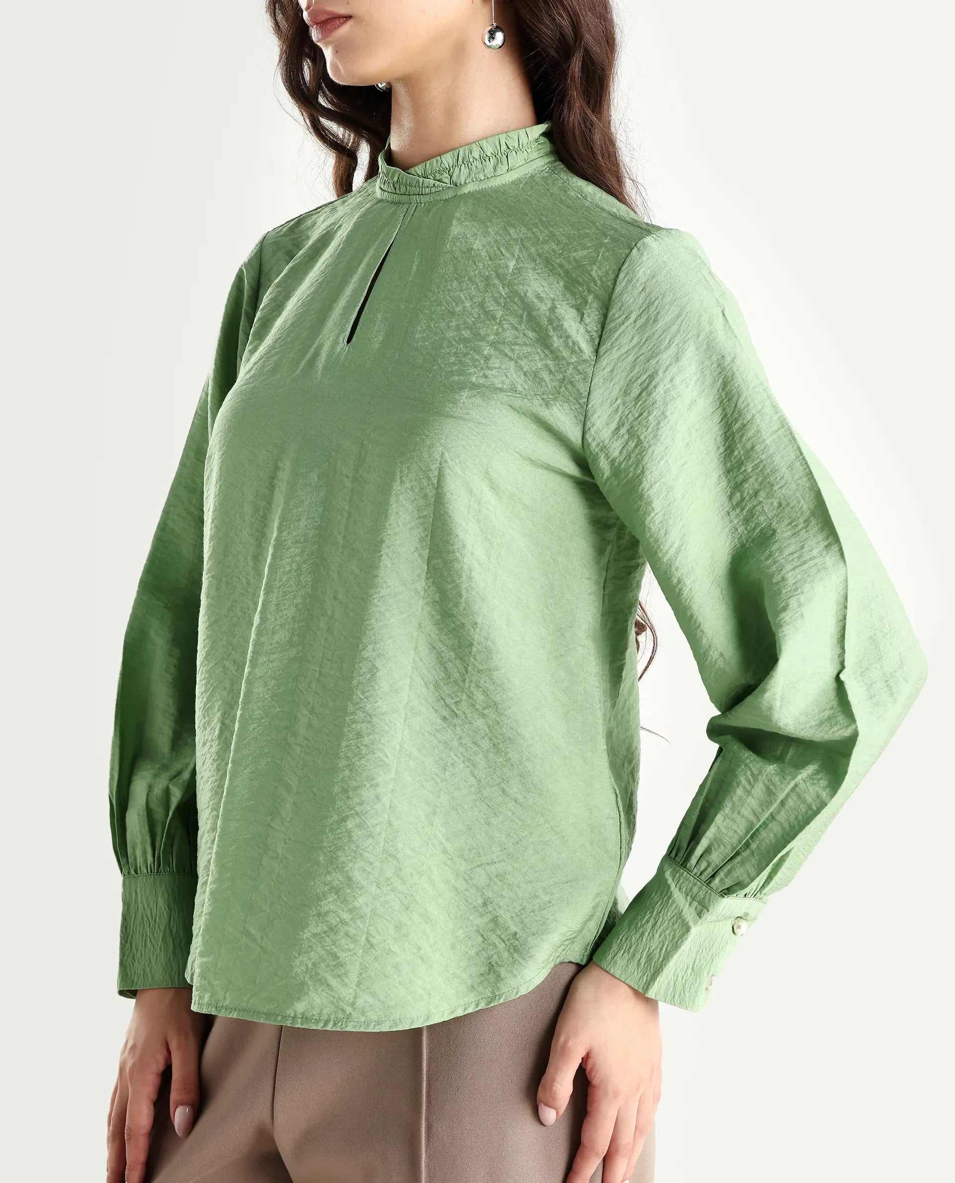 Rareism Women's Charen Light Green Nylon Blend Halter Neck Plain Bishop Sleeve Relaxed Fit Top