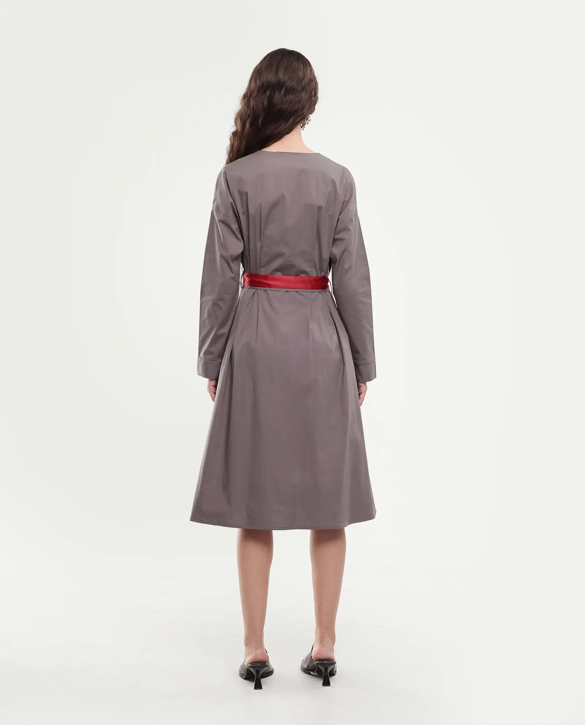 Rareism Women's Cyti Grey Cotton Blend Round Neck Plain Cuffed Sleeve Knee Length Flared Dress