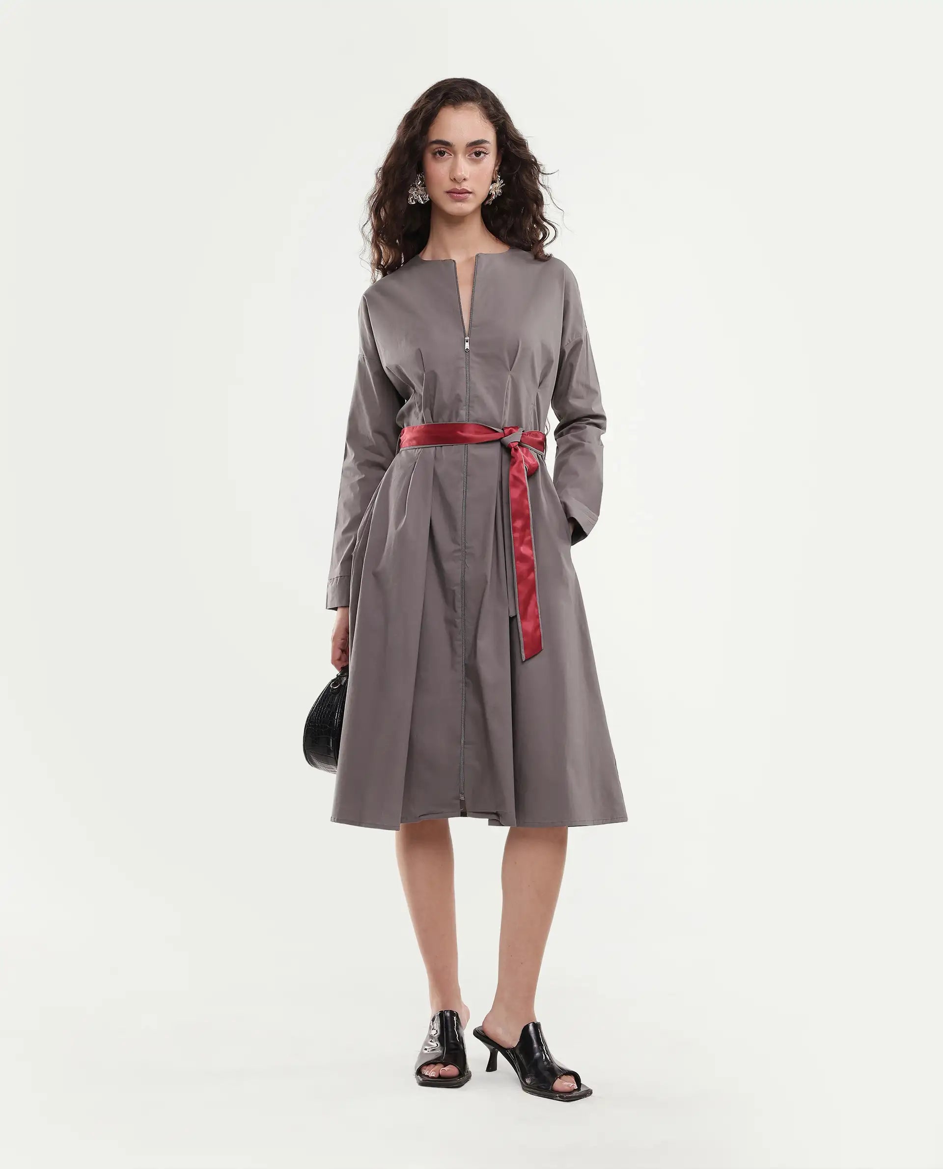 Rareism Women's Cyti Grey Cotton Blend Round Neck Plain Cuffed Sleeve Knee Length Flared Dress