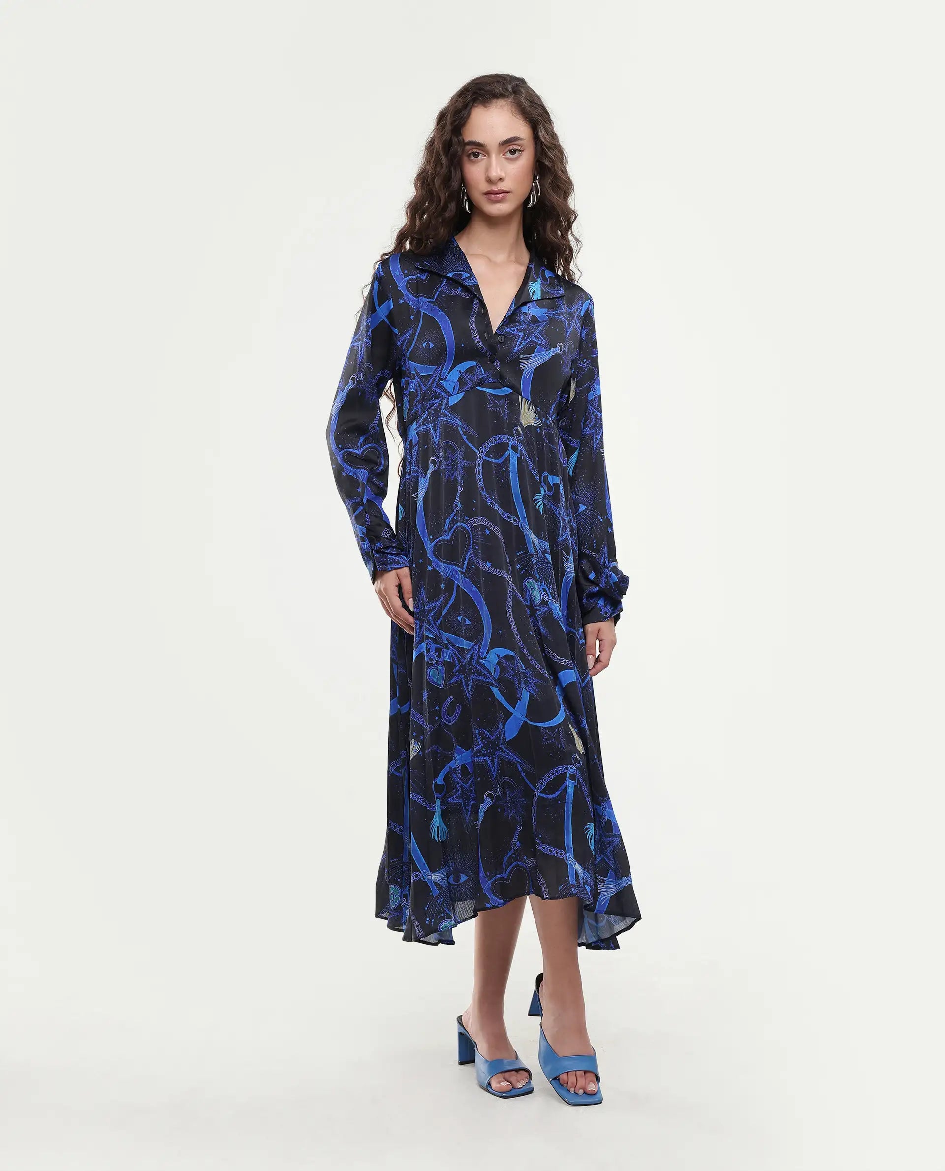 Rareism Women's Romros Dark Multi Satin Drop Collar Abstract Print Cuffed Sleeve Midi Flared Dress