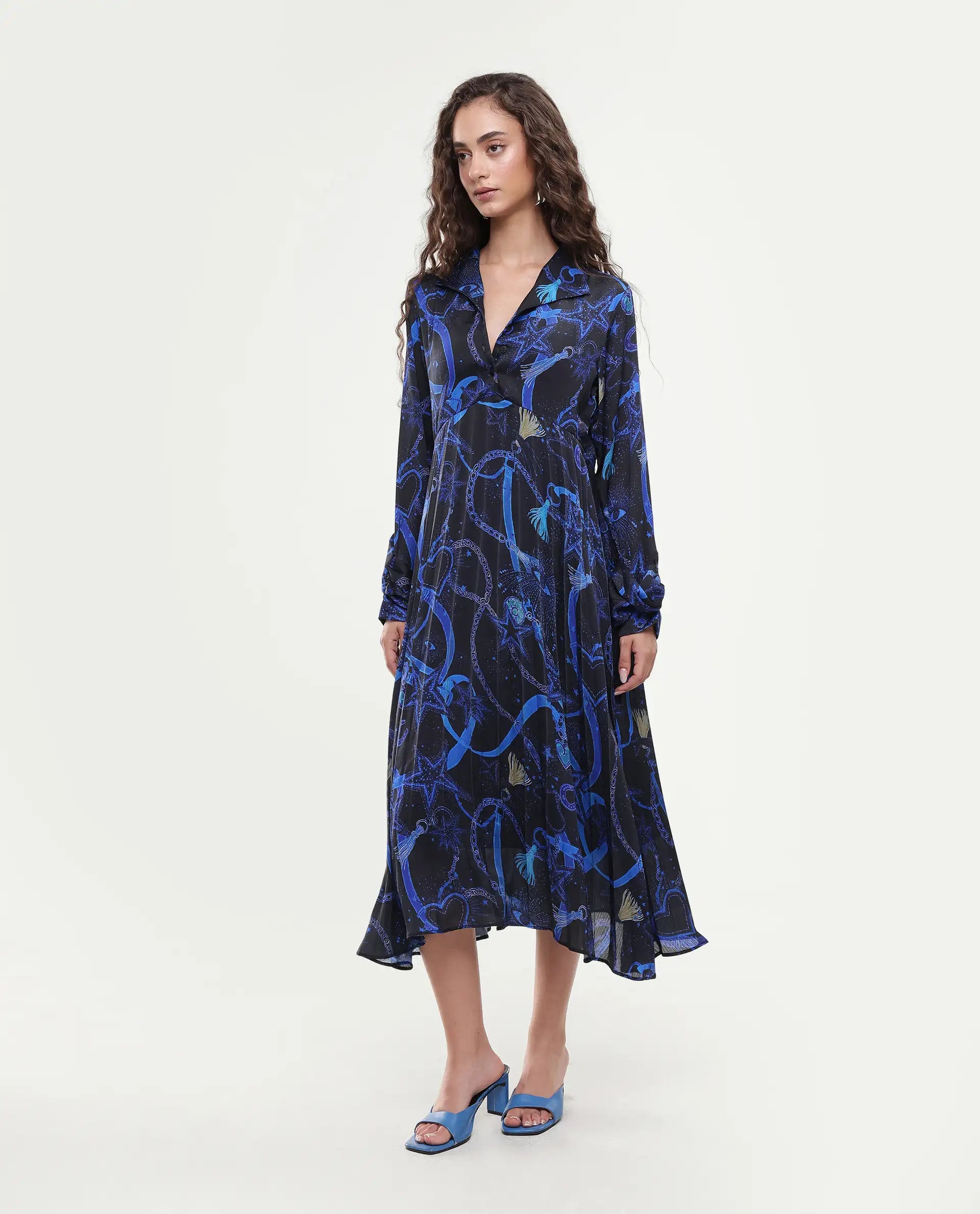 Rareism Women's Romros Dark Multi Satin Drop Collar Abstract Print Cuffed Sleeve Midi Flared Dress