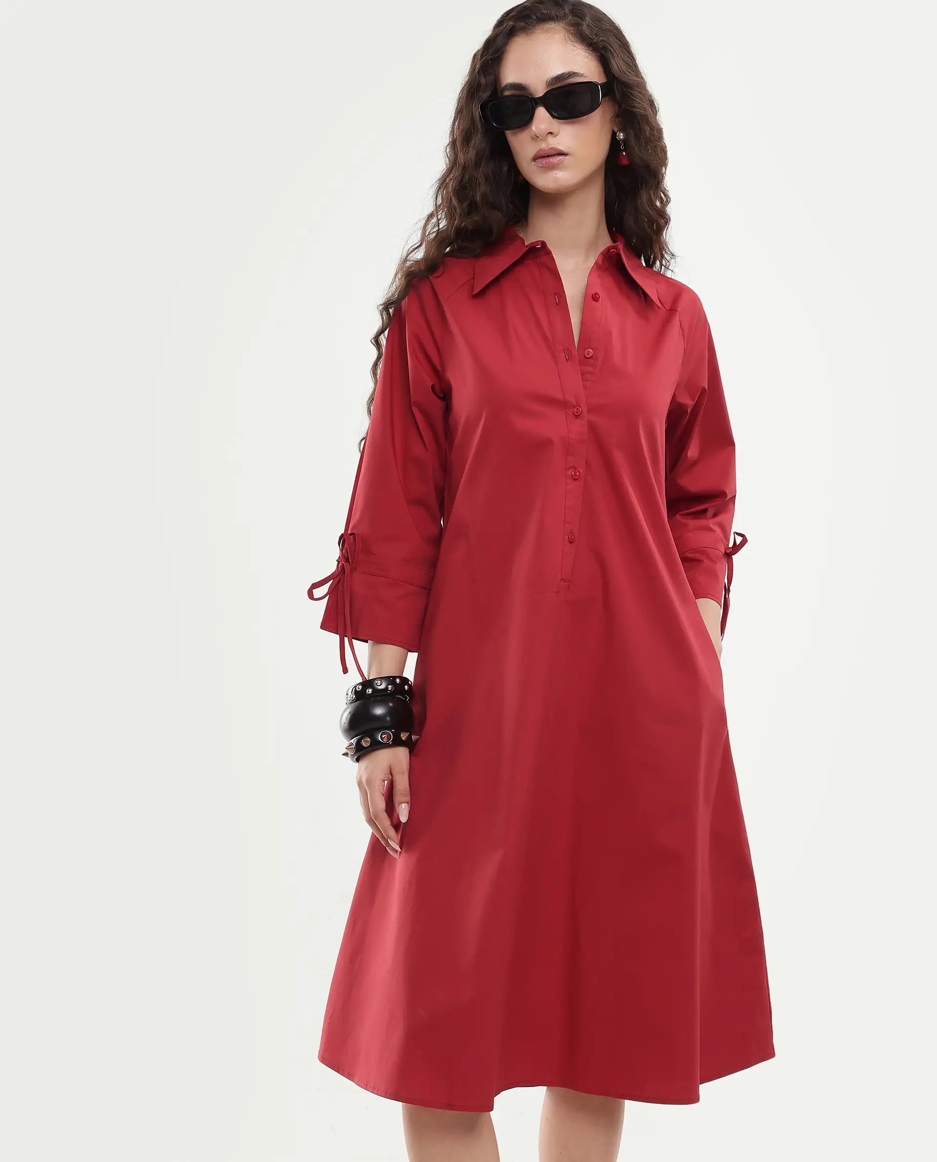 Rareism Women's Junb Dark Rust Cotton Blend Drop Collar Plain Raglan Sleeve Knee Length A-Line Dress