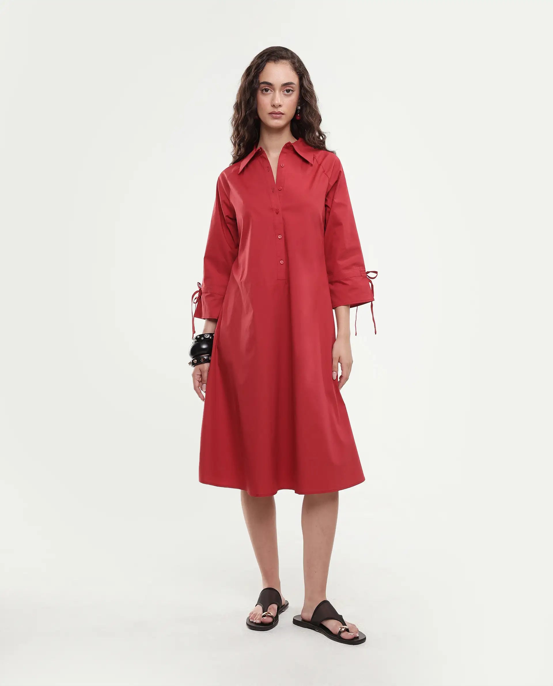 Rareism Women's Junb Dark Rust Cotton Blend Drop Collar Plain Raglan Sleeve Knee Length A-Line Dress