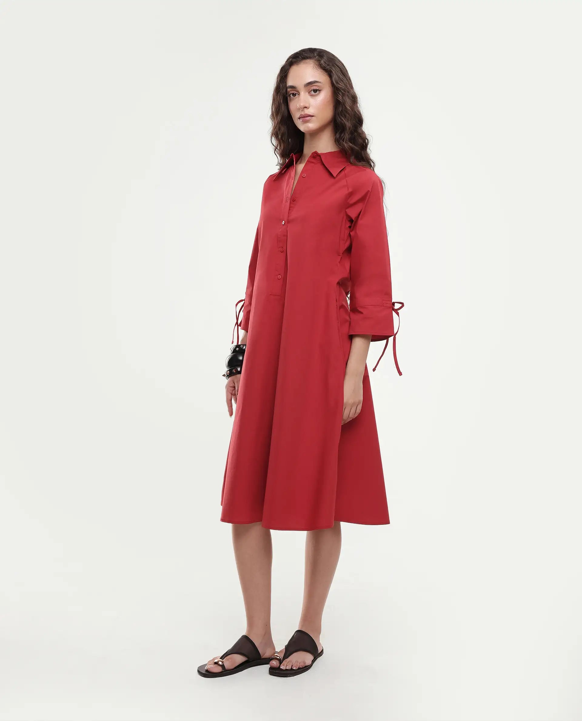 Rareism Women's Junb Dark Rust Cotton Blend Drop Collar Plain Raglan Sleeve Knee Length A-Line Dress