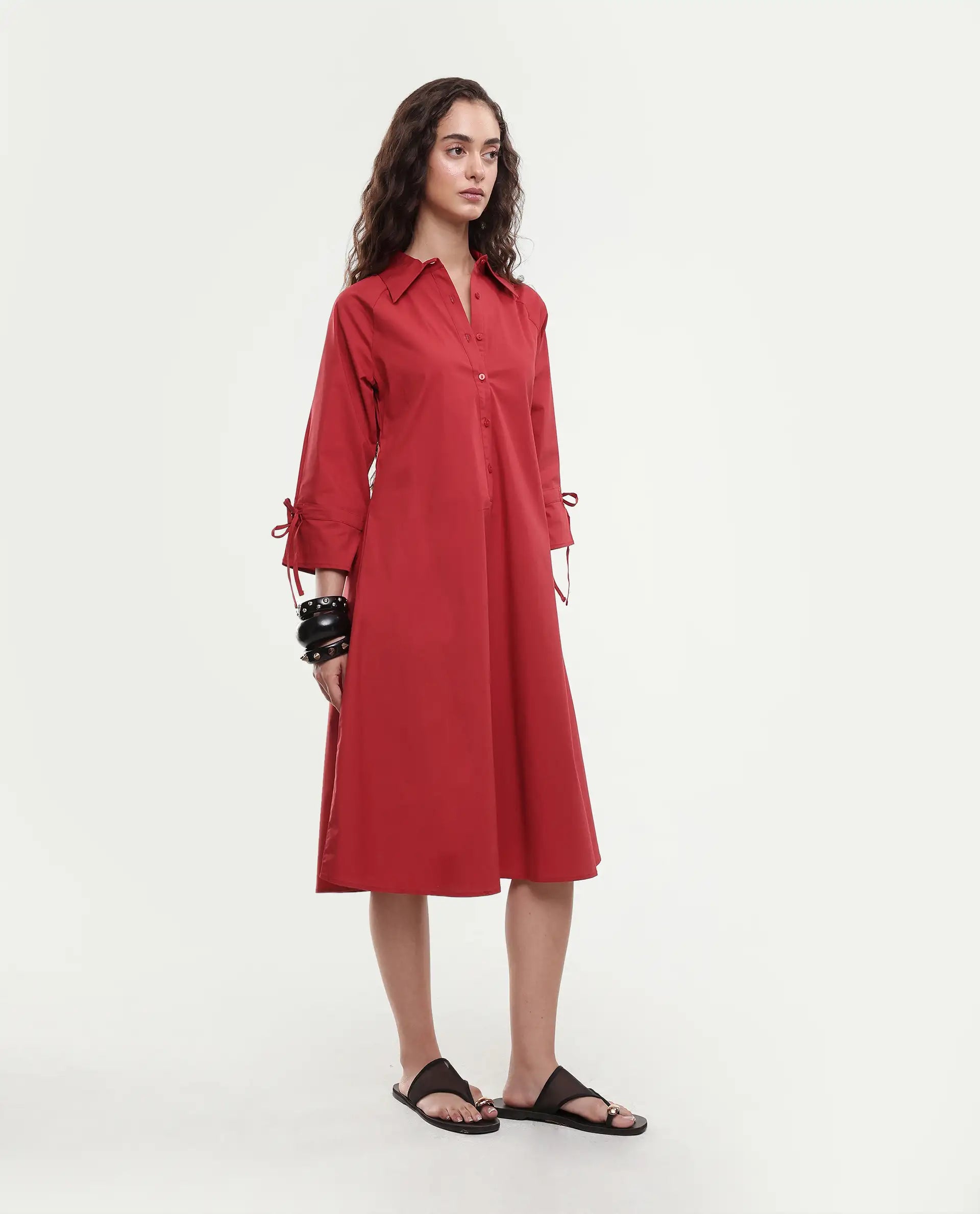Rareism Women's Junb Dark Rust Cotton Blend Drop Collar Plain Raglan Sleeve Knee Length A-Line Dress