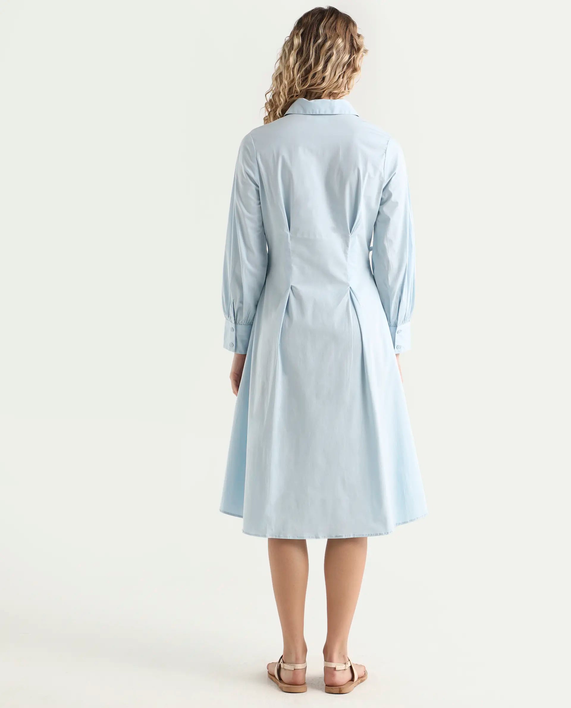 Rareism Women's Nysom Light Blue Cotton Blend Drop Collar Plain Bishop Sleeve Midi Fit And Flare Dress