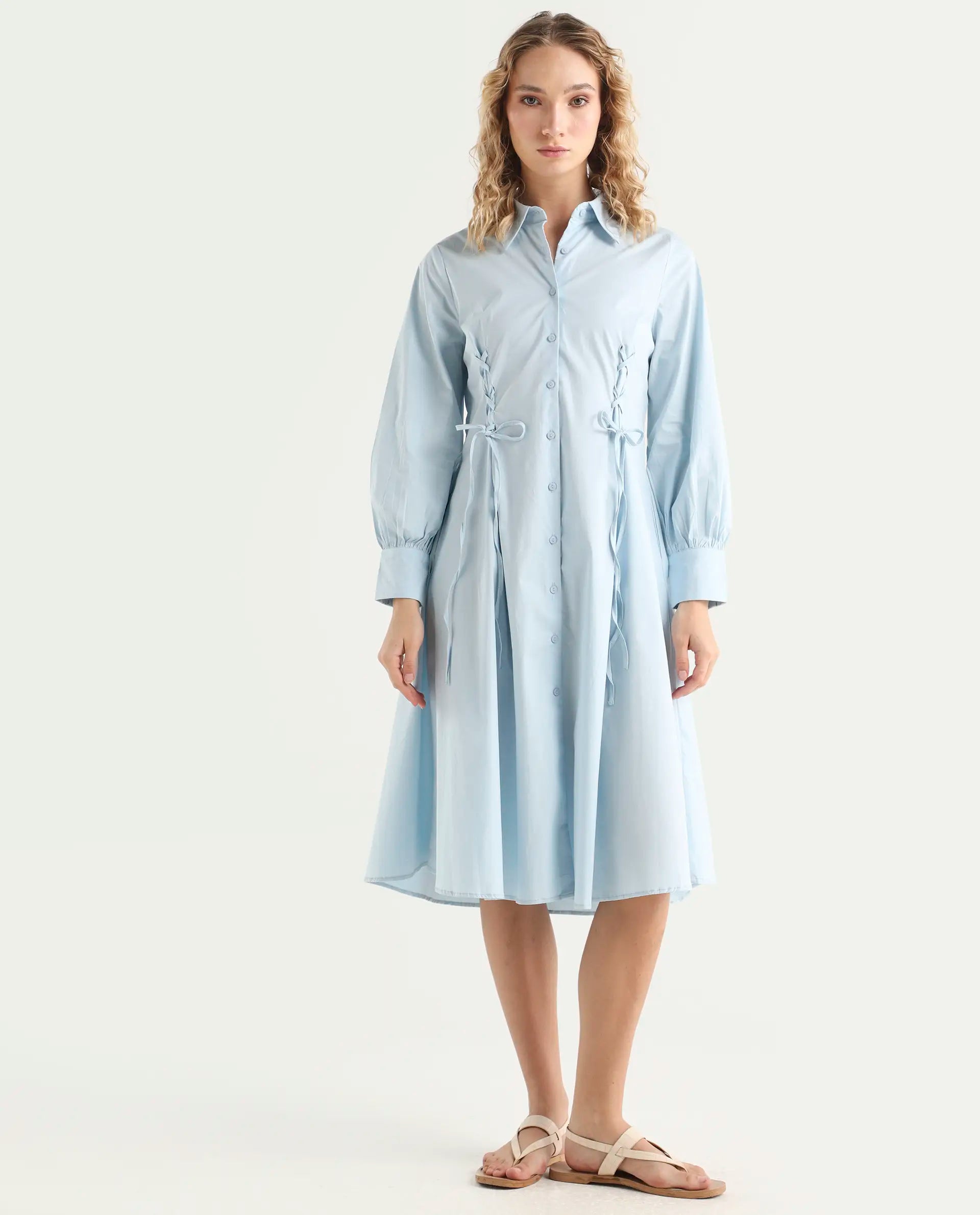 Rareism Women's Nysom Light Blue Cotton Blend Drop Collar Plain Bishop Sleeve Midi Fit And Flare Dress