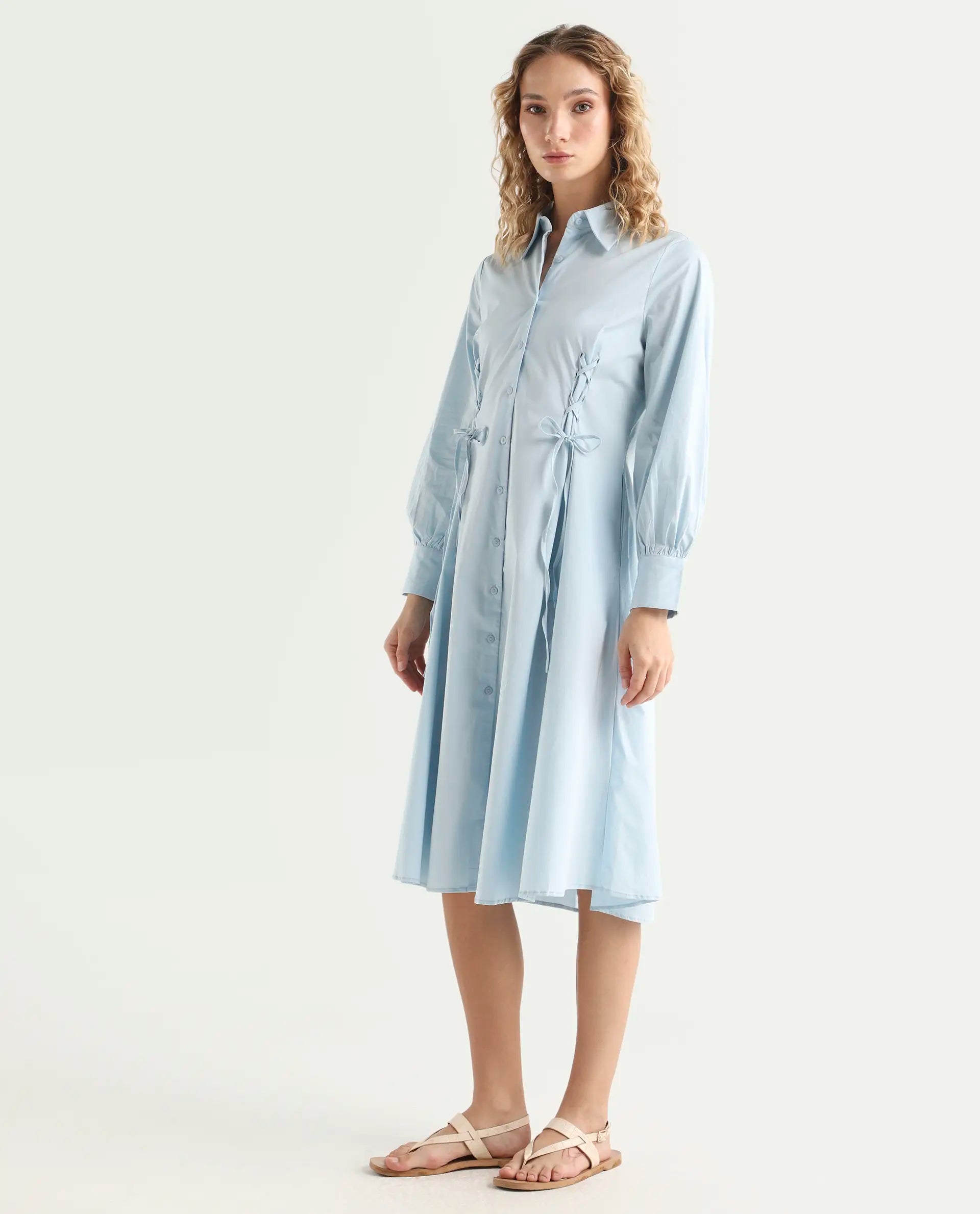 Rareism Women's Nysom Light Blue Cotton Blend Drop Collar Plain Bishop Sleeve Midi Fit And Flare Dress