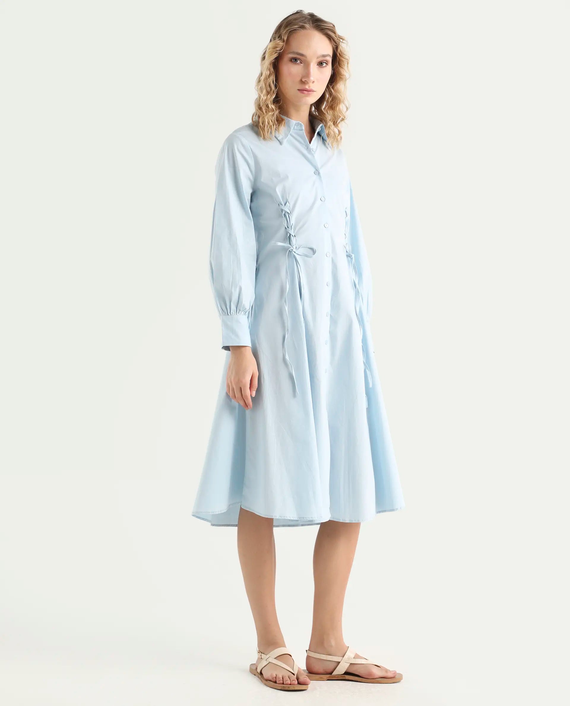 Rareism Women's Nysom Light Blue Cotton Blend Drop Collar Plain Bishop Sleeve Midi Fit And Flare Dress