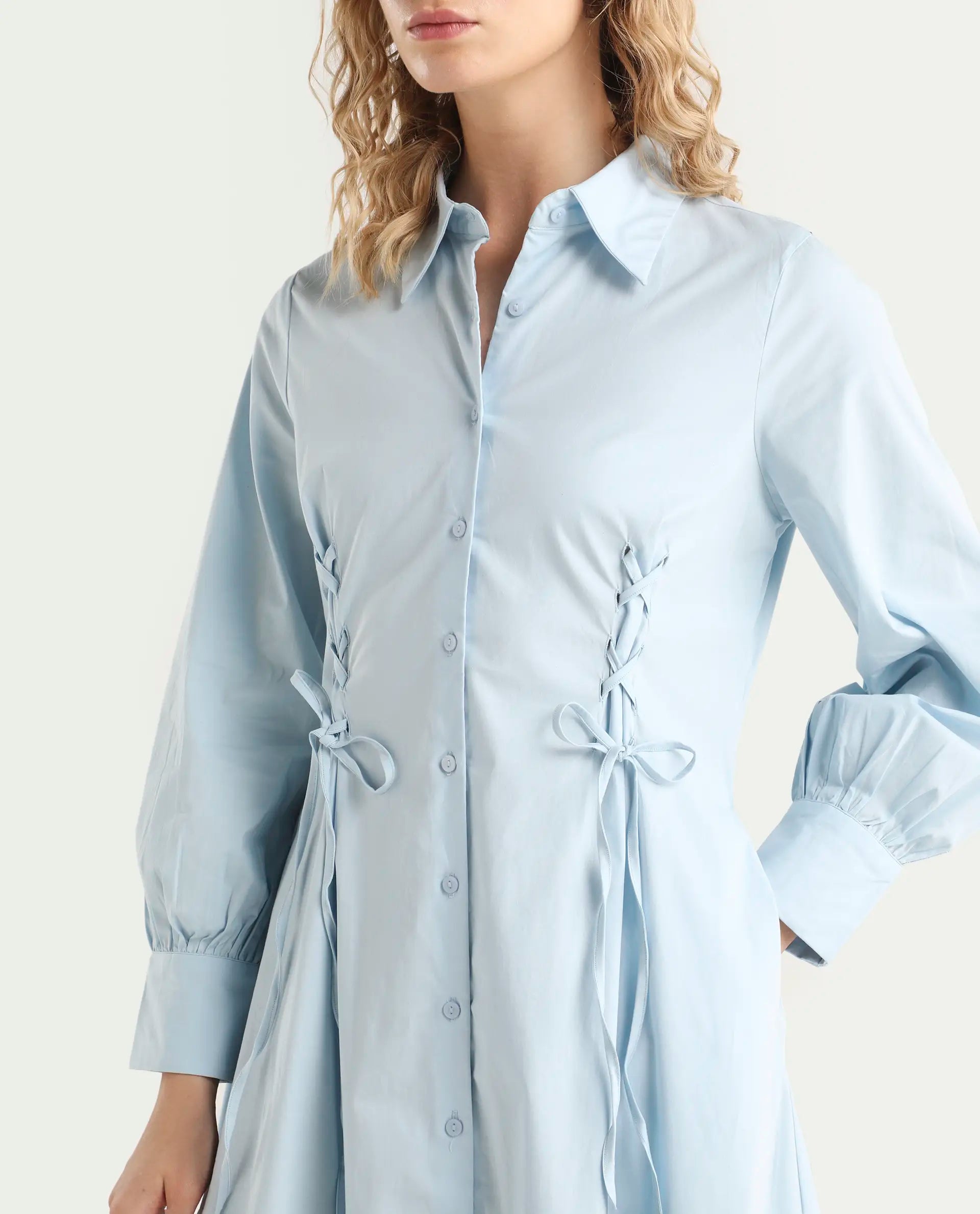 Rareism Women's Nysom Light Blue Cotton Blend Drop Collar Plain Bishop Sleeve Midi Fit And Flare Dress