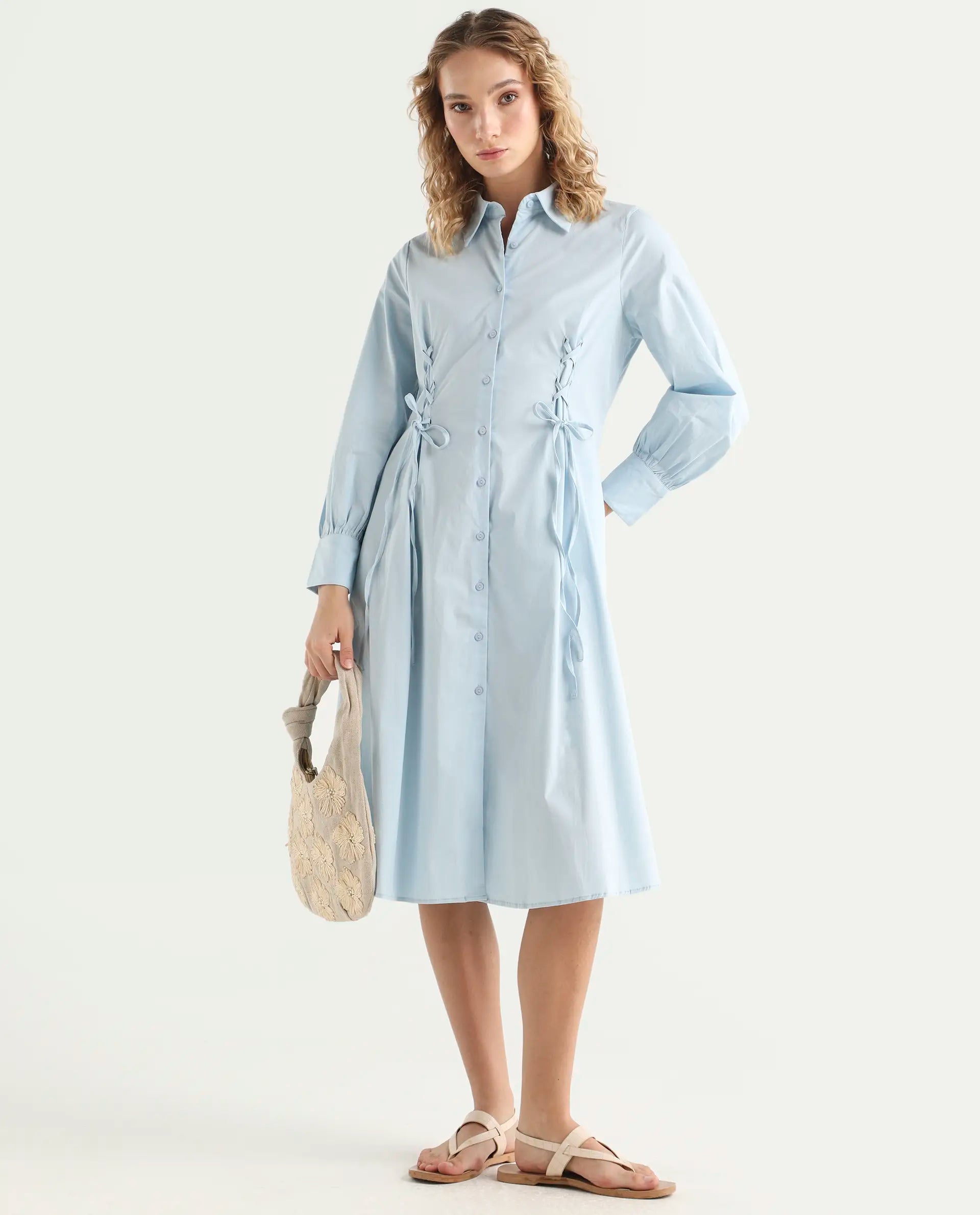 Rareism Women's Nysom Light Blue Cotton Blend Drop Collar Plain Bishop Sleeve Midi Fit And Flare Dress