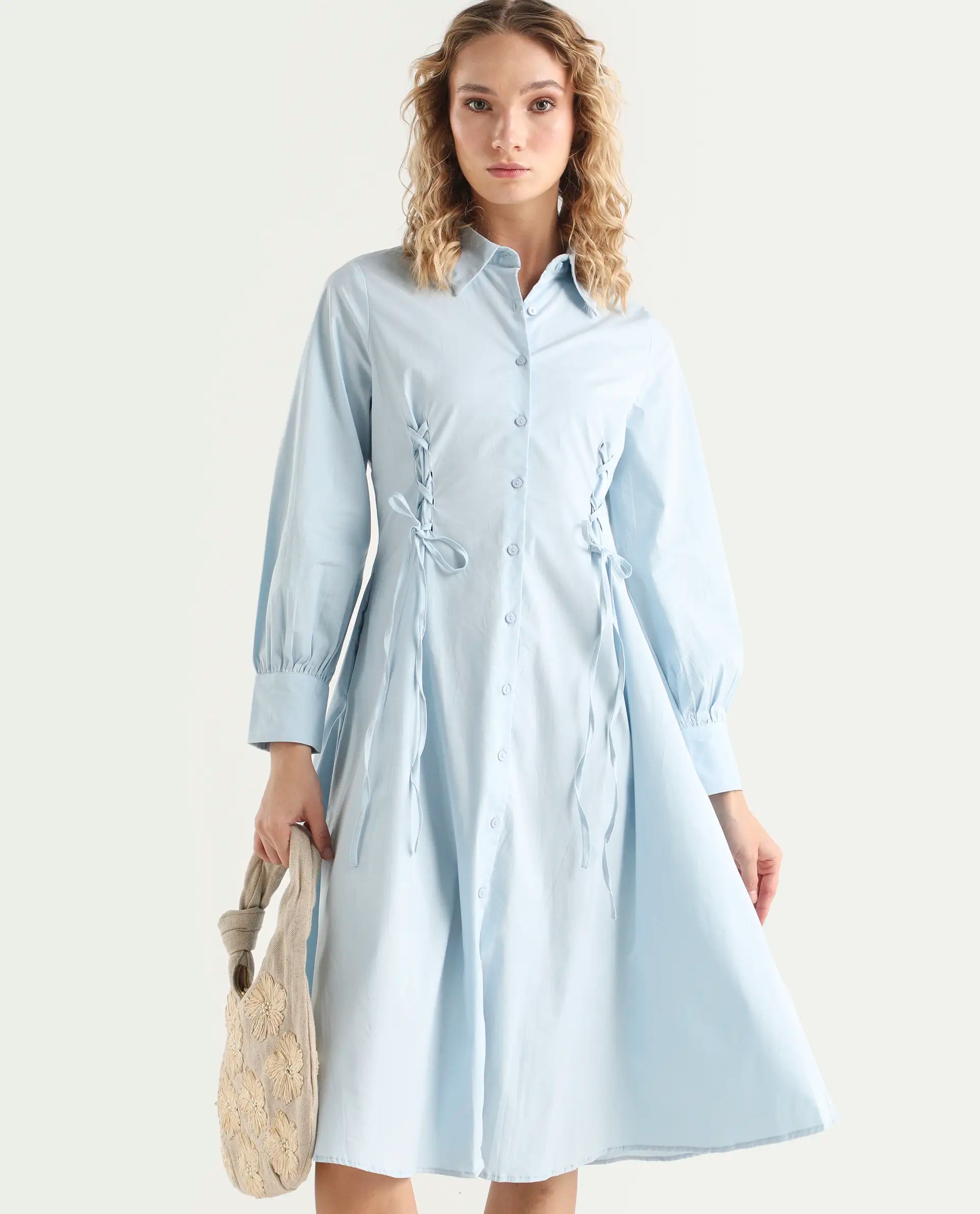 Rareism Women's Nysom Light Blue Cotton Blend Drop Collar Plain Bishop Sleeve Midi Fit And Flare Dress