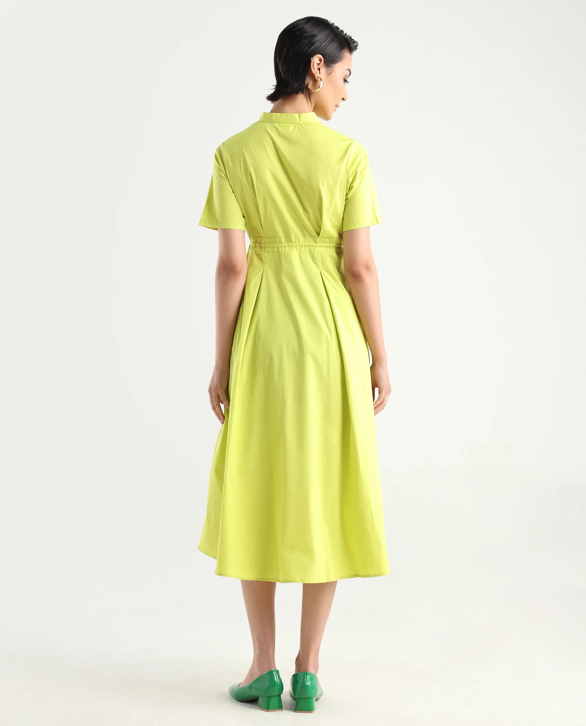 Rareism Women's Rokl Green Cotton Blend Mandarin Collar Plain Midi Flared Dress