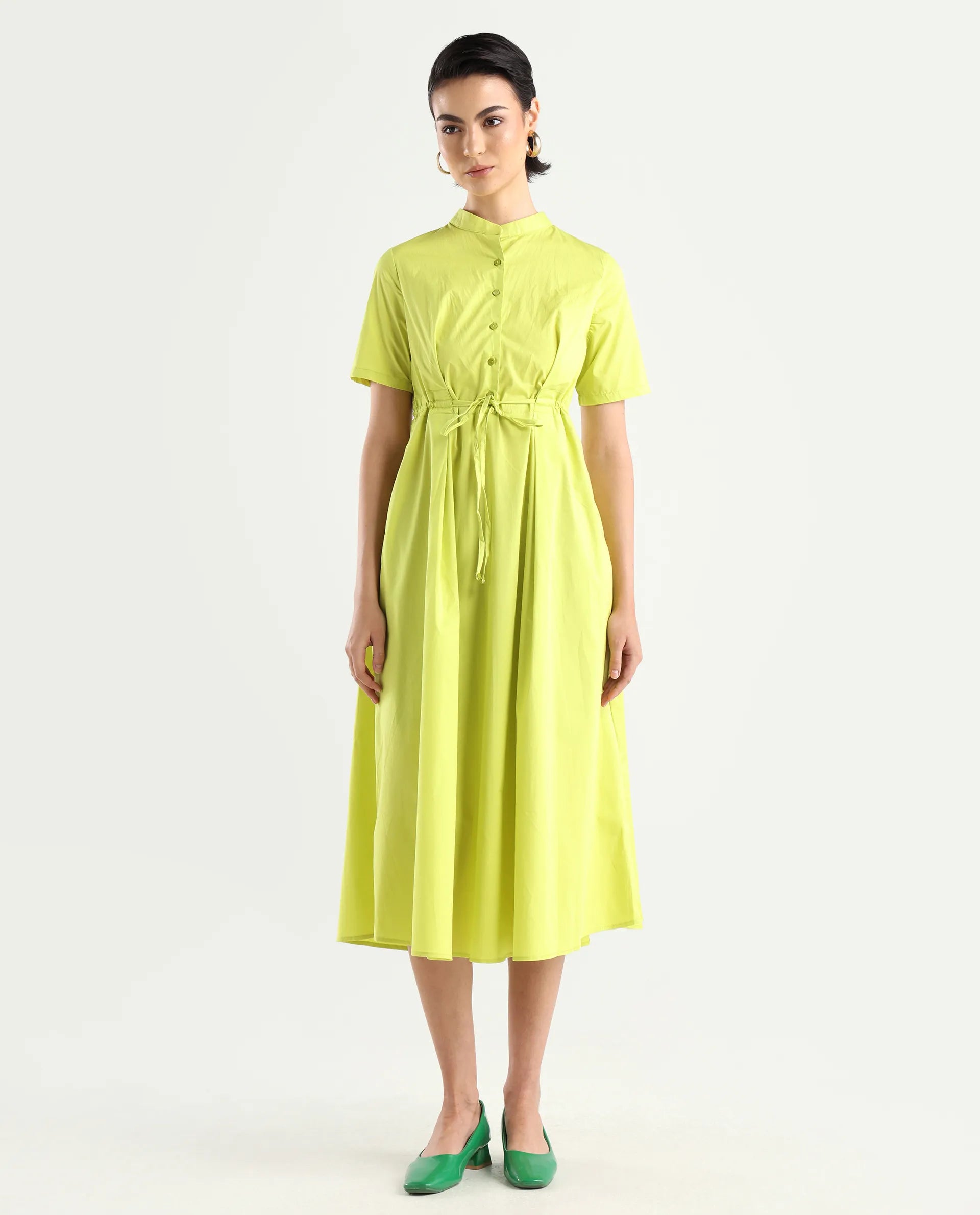 Rareism Women's Rokl Green Cotton Blend Mandarin Collar Plain Midi Flared Dress