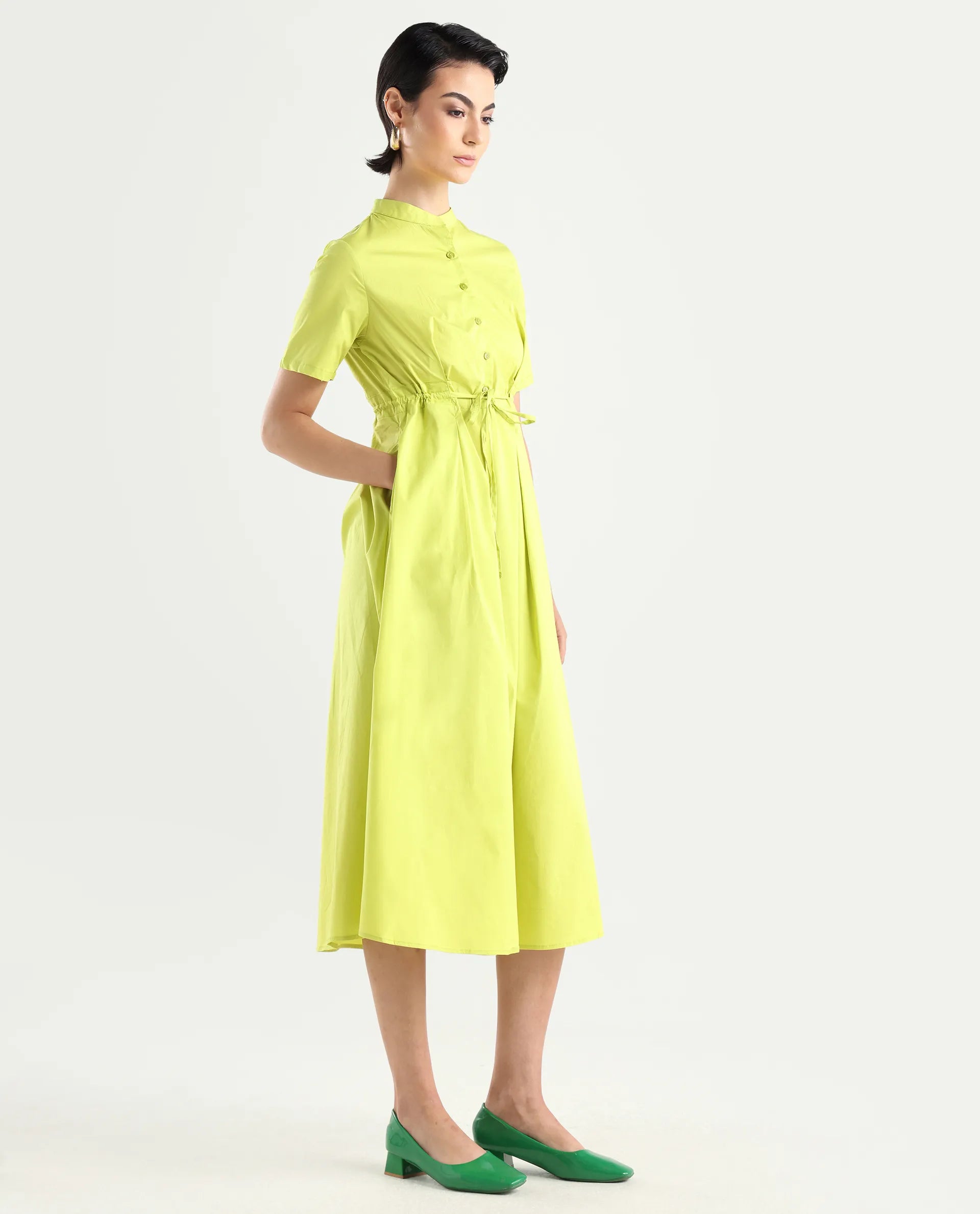 Rareism Women's Rokl Green Cotton Blend Mandarin Collar Plain Midi Flared Dress