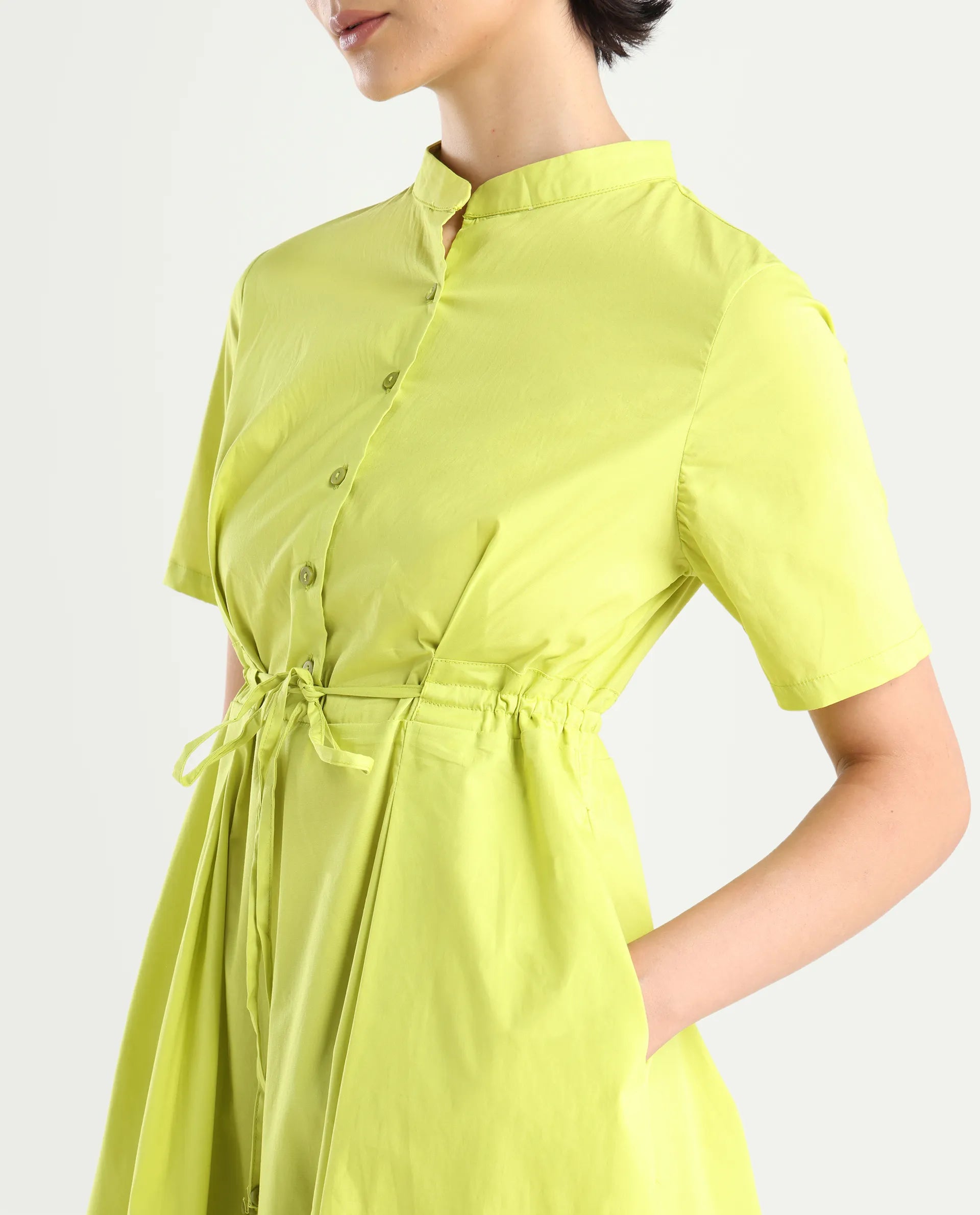 Rareism Women's Rokl Green Cotton Blend Mandarin Collar Plain Midi Flared Dress