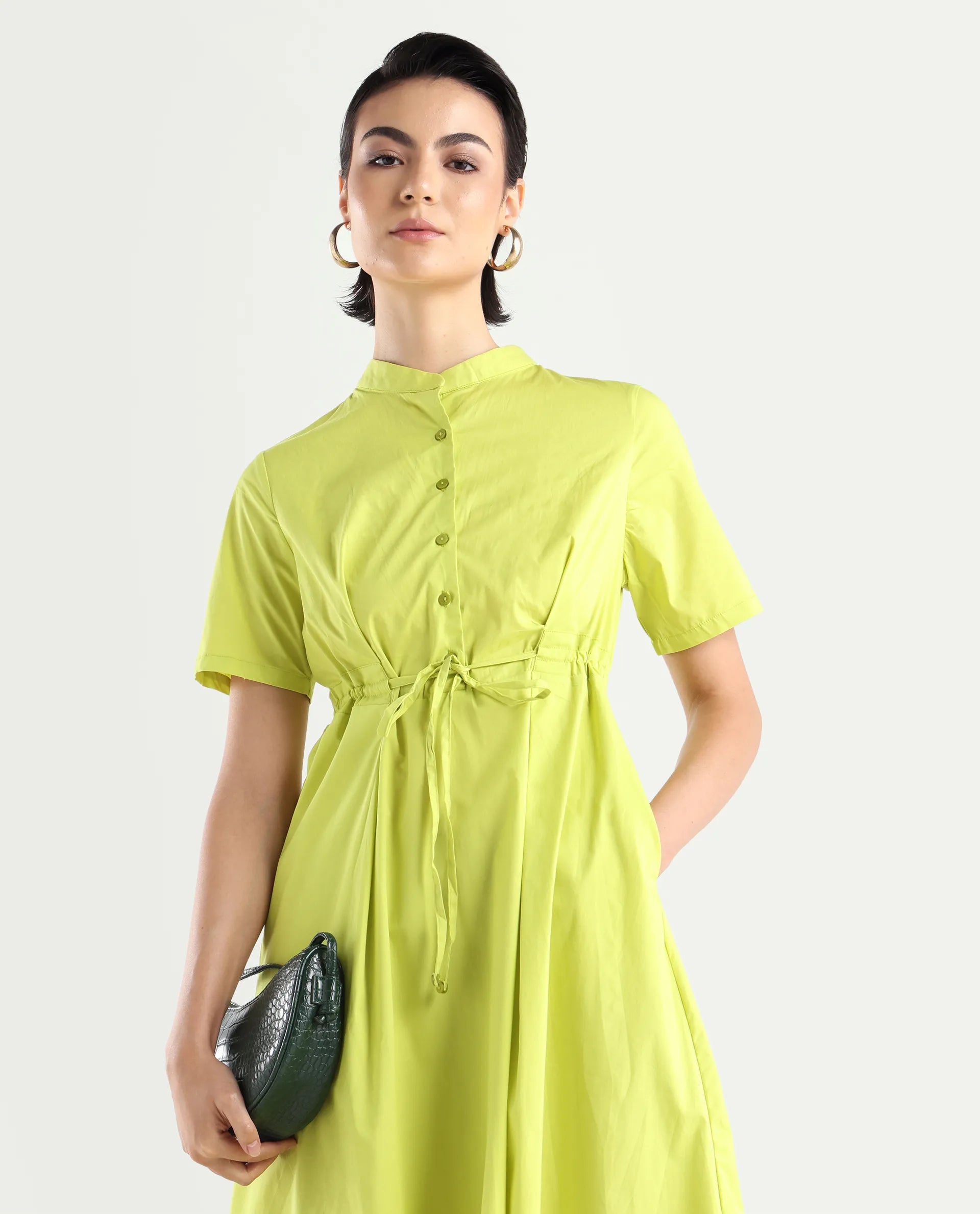 Rareism Women's Rokl Green Cotton Blend Mandarin Collar Plain Midi Flared Dress