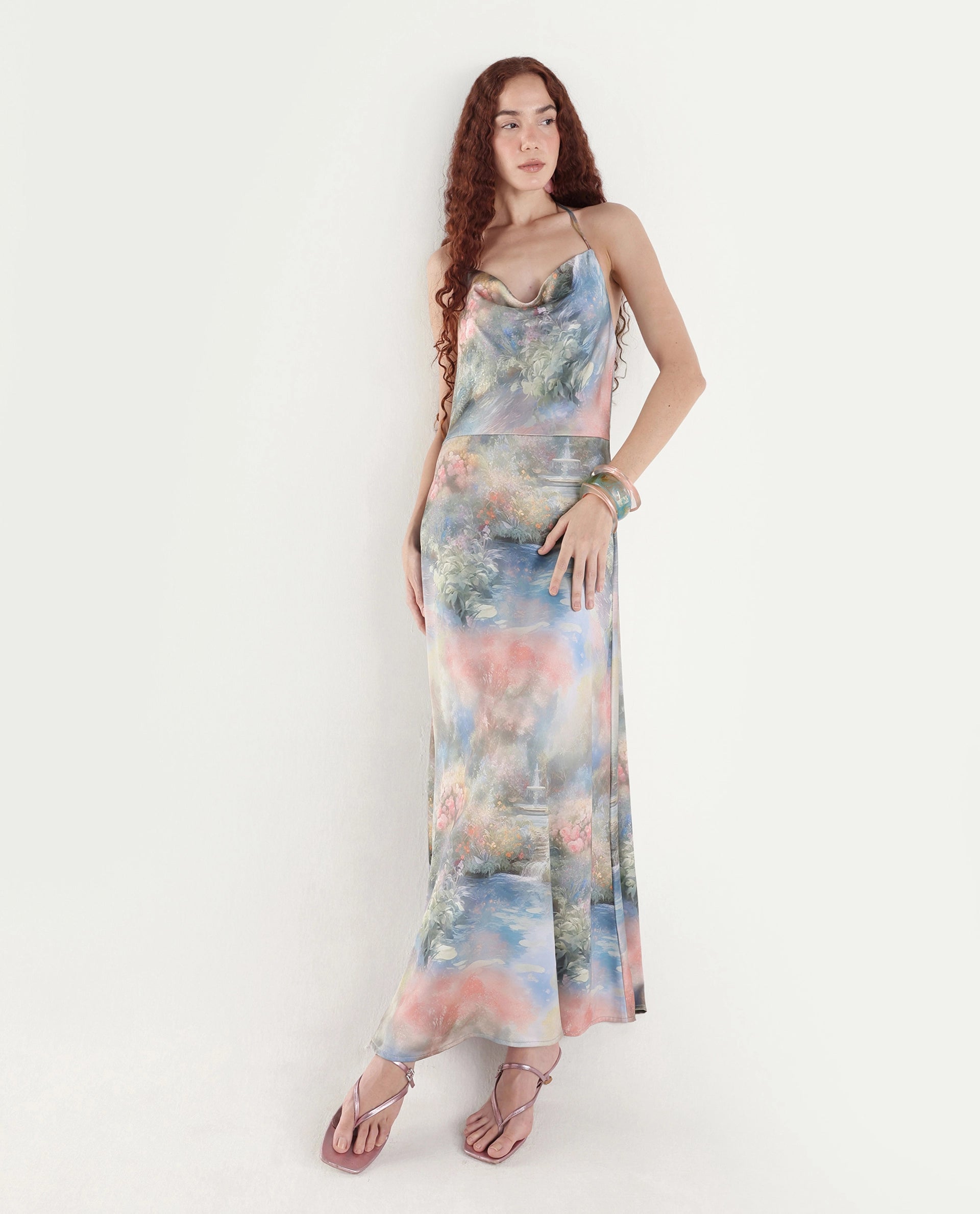 Rareism Women's Villeur Multi Satin Cowl Neck Floral Print Sleeveless Maxi Flared Dress