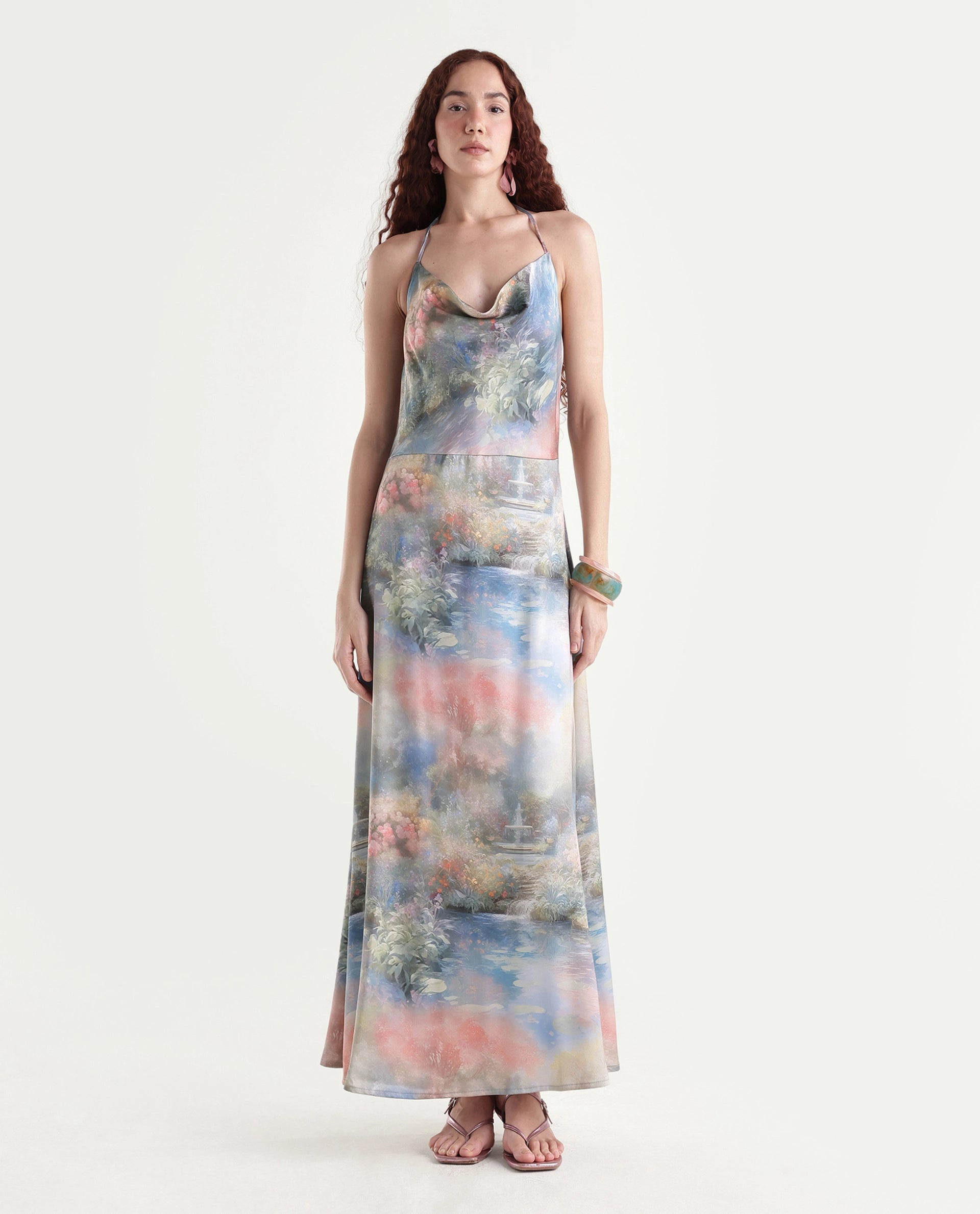 Rareism Women's Villeur Multi Satin Cowl Neck Floral Print Sleeveless Maxi Flared Dress