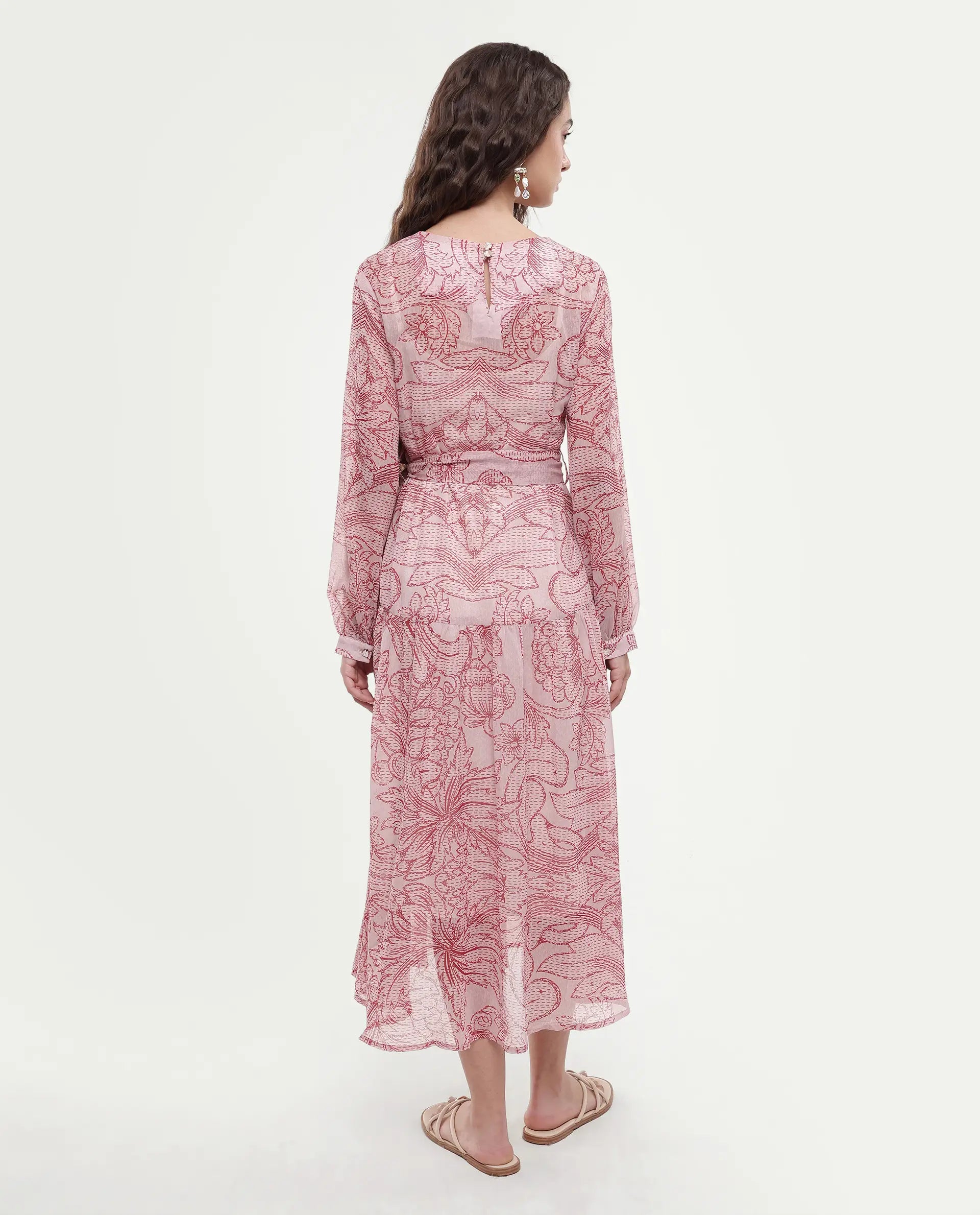Rareism Women's Polima Multi Cotton Round Neck Abstract Print Bishop Sleeve Midi Flared Dress