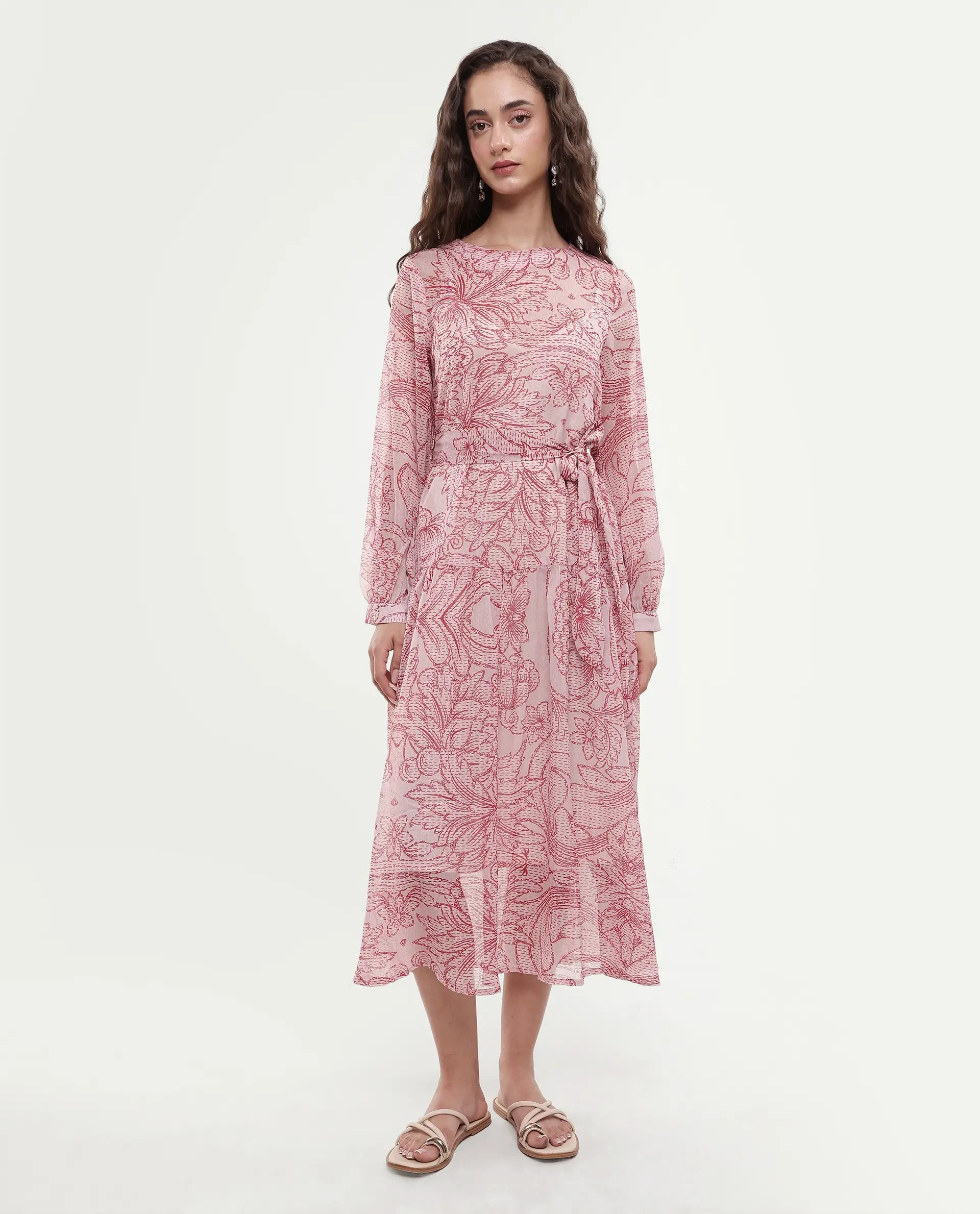 Rareism Women's Polima Multi Cotton Round Neck Abstract Print Bishop Sleeve Midi Flared Dress