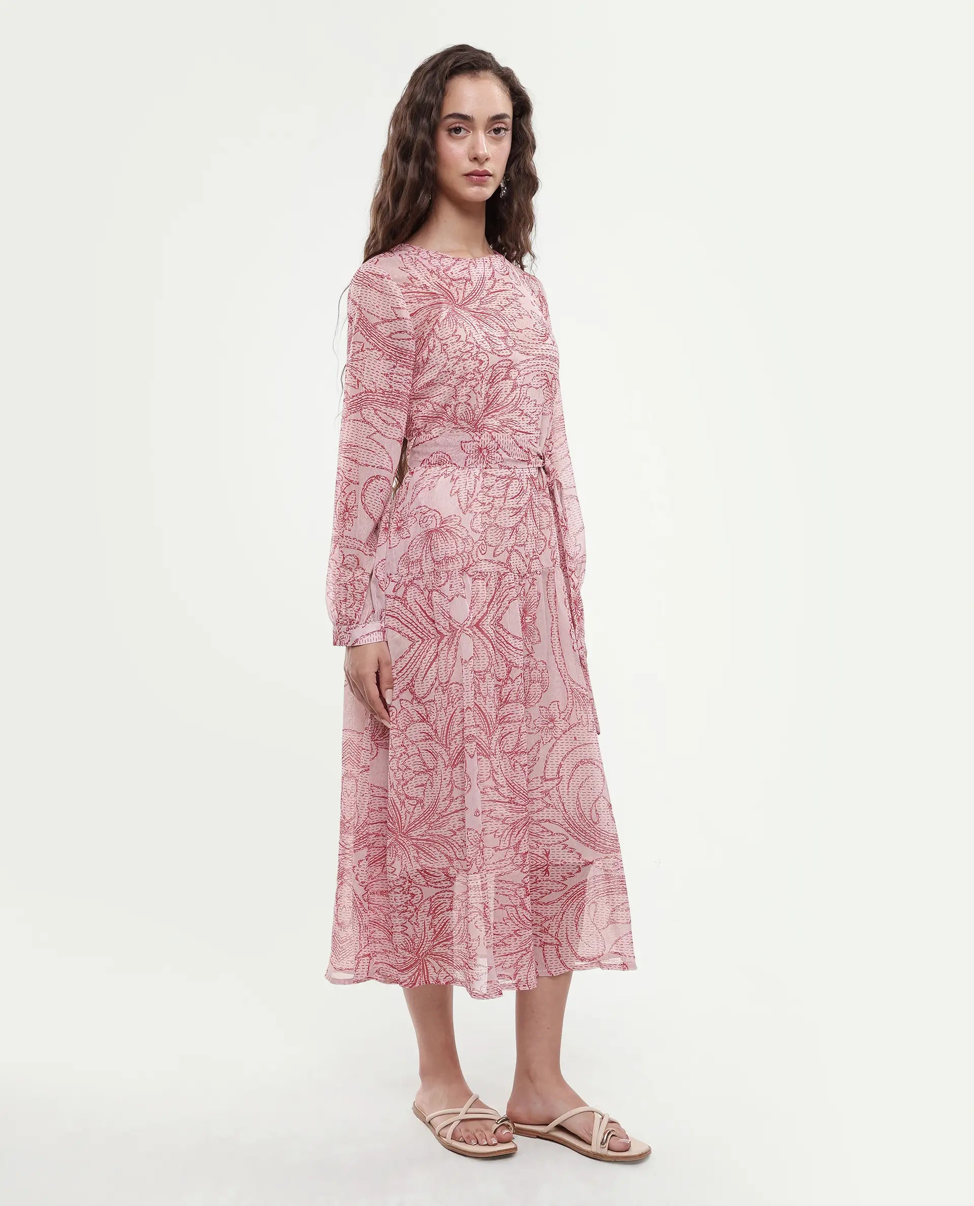 Rareism Women's Polima Multi Cotton Round Neck Abstract Print Bishop Sleeve Midi Flared Dress